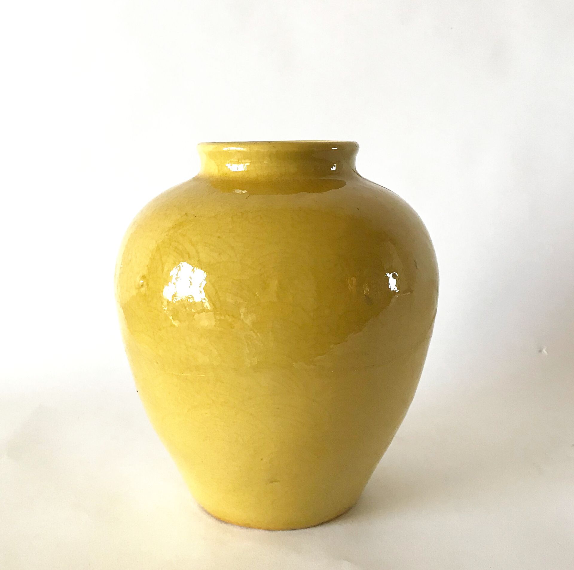 CHINE 中国

单色釉面陶瓷卵形花瓶，黄底，釉下刻度图案。

釉下六芒星标记 - 嘉庆时期（19世纪初

H.16厘米

破损和修复