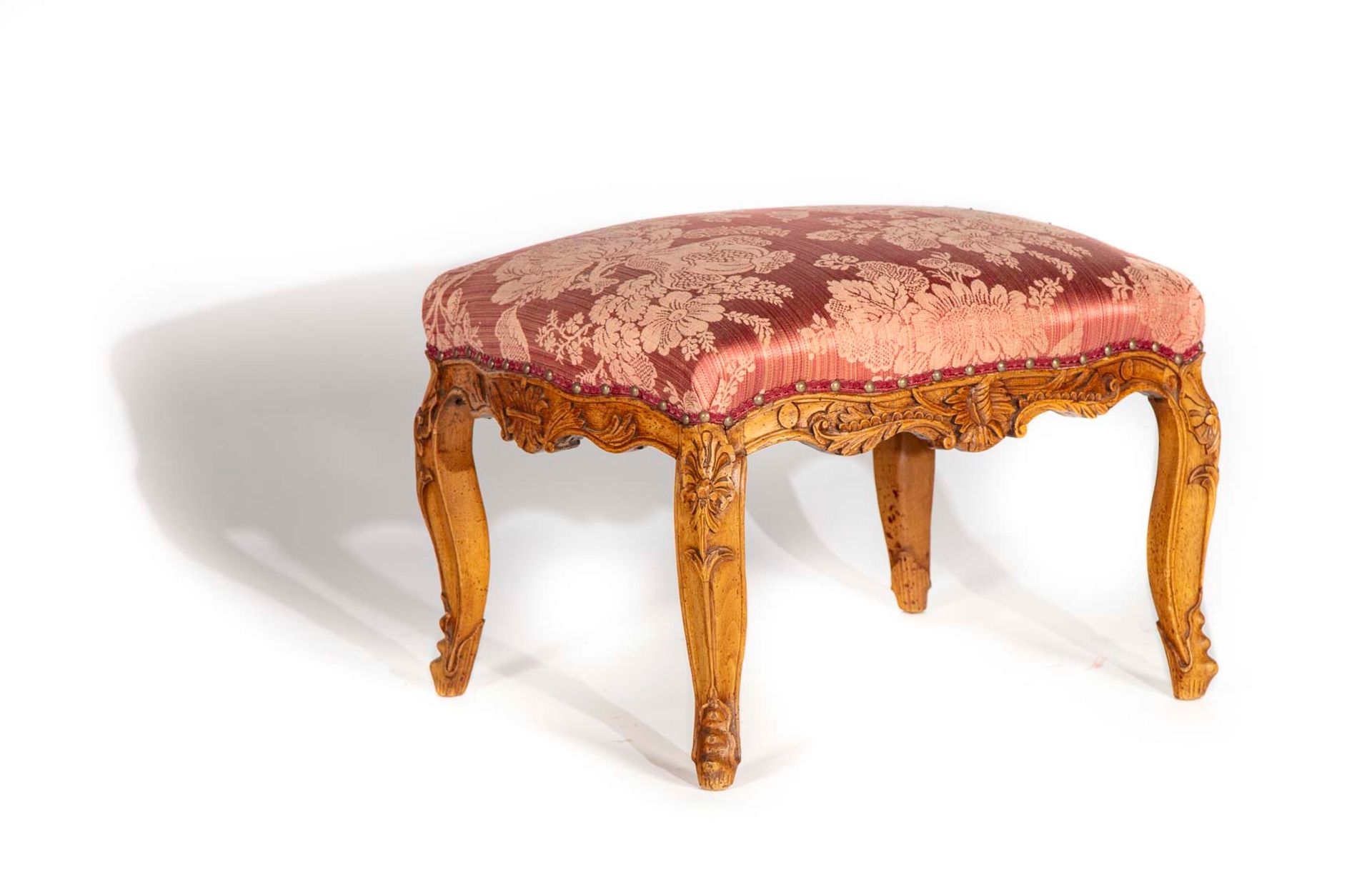 Null A stained wood stool of rectangular shape decorated with foliage and pomegr&hellip;