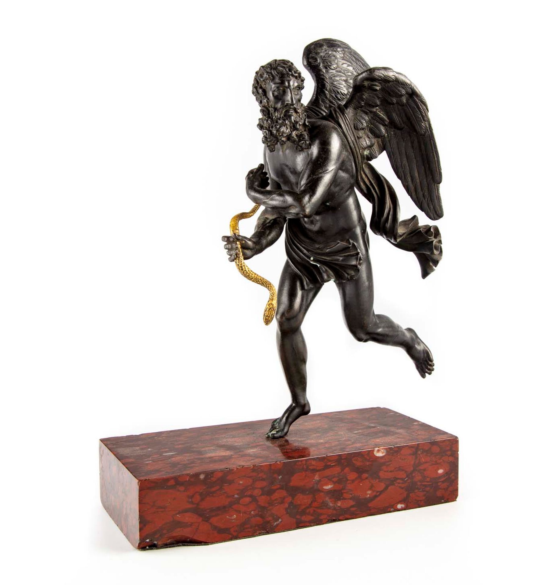 Null Figure of Chronos in patinated and gilded bronze, holding a snake; on a che&hellip;