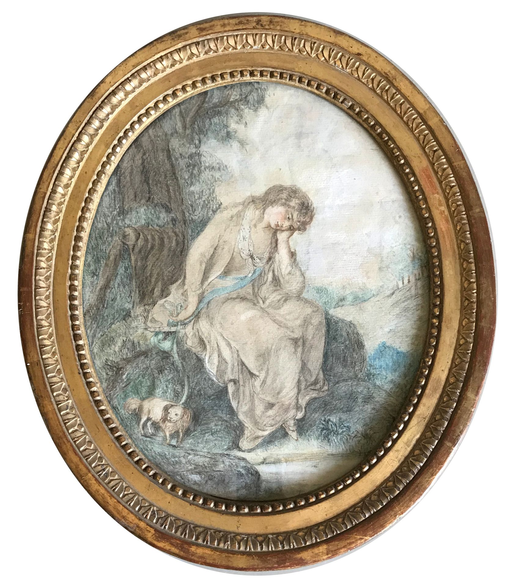 ECOLE FRANCAISE XIXè 19世纪的法国或英国学校

沉思的女孩和小狗

炭笔和彩色铅笔的椭圆视图绘画

有框

31 x 25厘米

一幅构图&hellip;