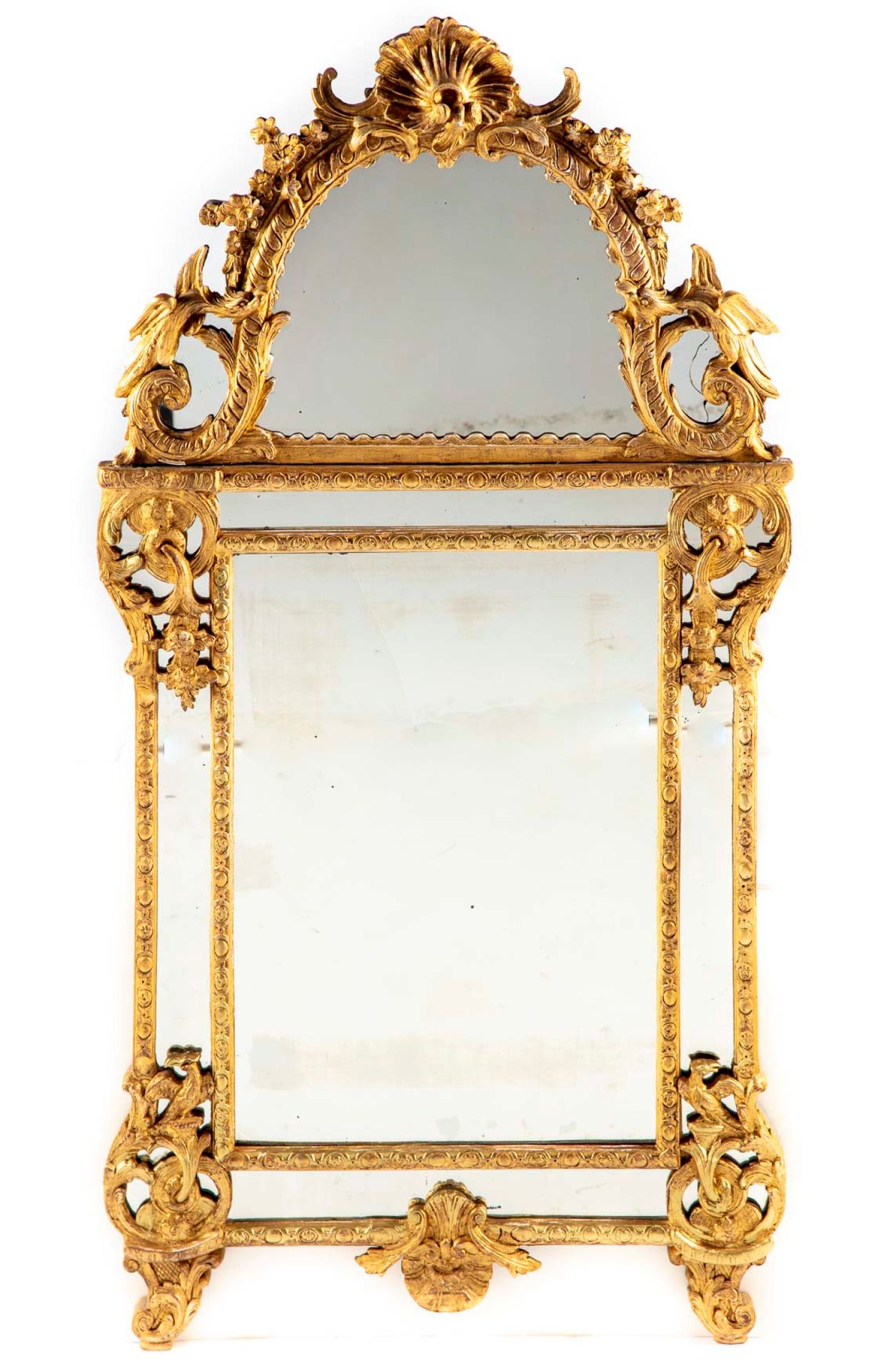 Null 饰有叶子、贝壳、花和鸟的镀金木镜

路易十五时期

H.152厘米；长：80厘米

事故和修复；更换后视镜