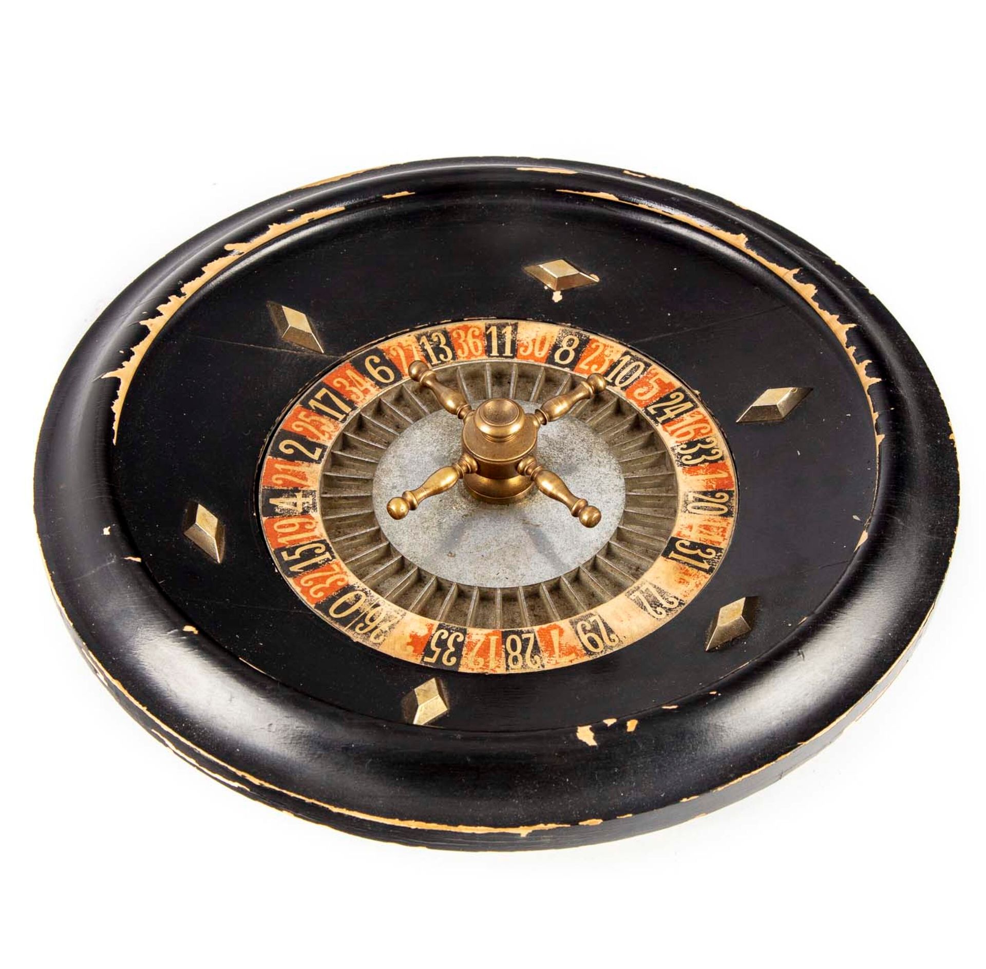 Null Small casino roulette wheel in blackened wood

D. 30 cm ; H. 7 cm 

Worn