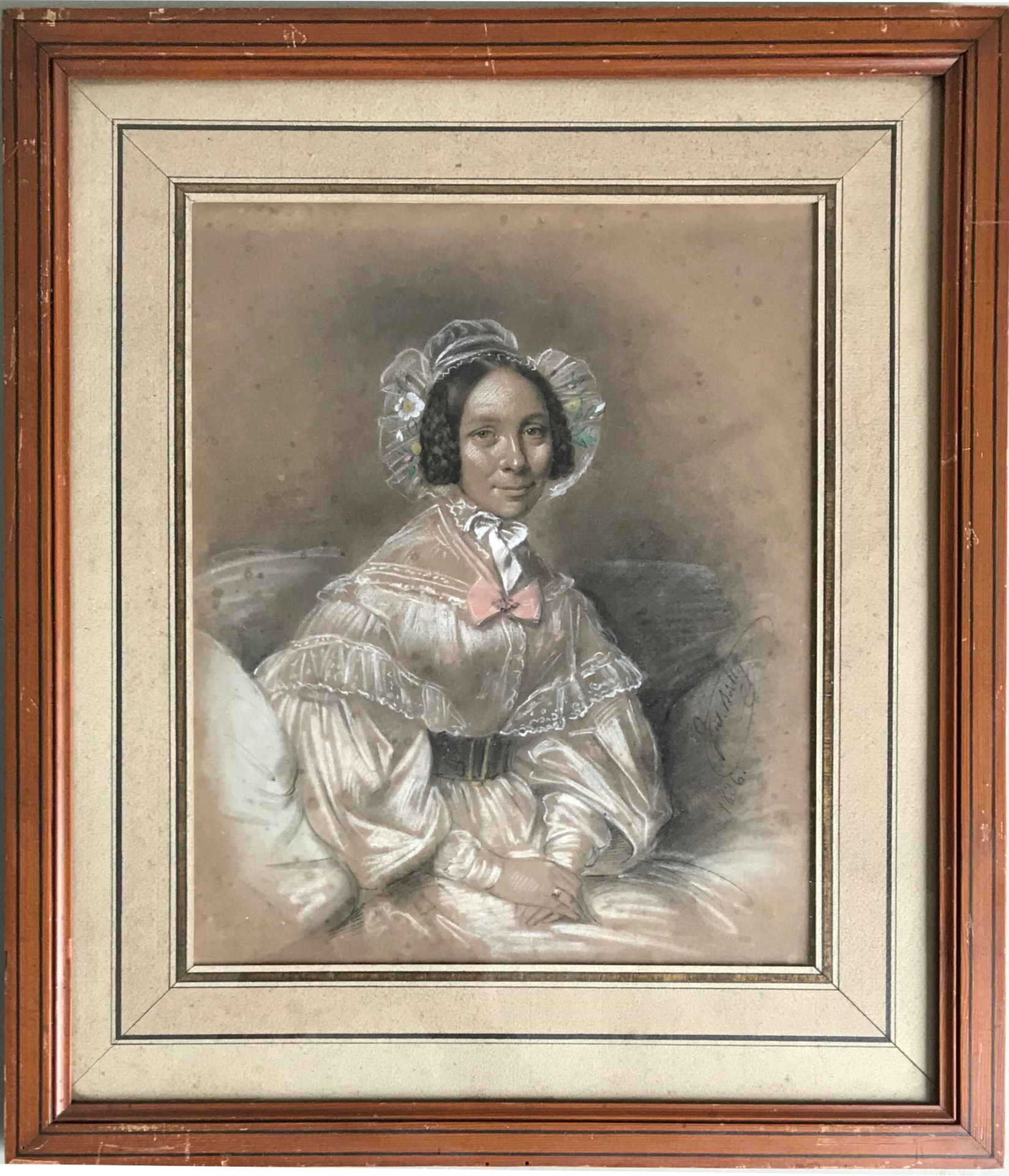 BOILLY 朱利安-莱奥波利 (1796-1874)

戴蕾丝帽的女人肖像

带白色高光的铅笔画

右下方有签名

带圆角的木质框架

30 x 24 厘米