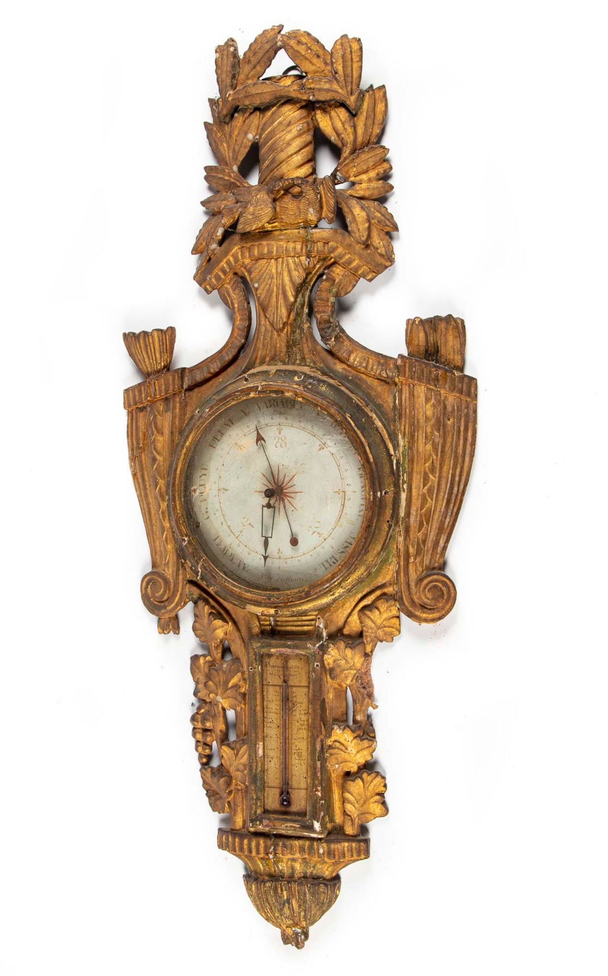 Null Barometer-thermometer in gilded wood, moulded and carved with garlands of l&hellip;