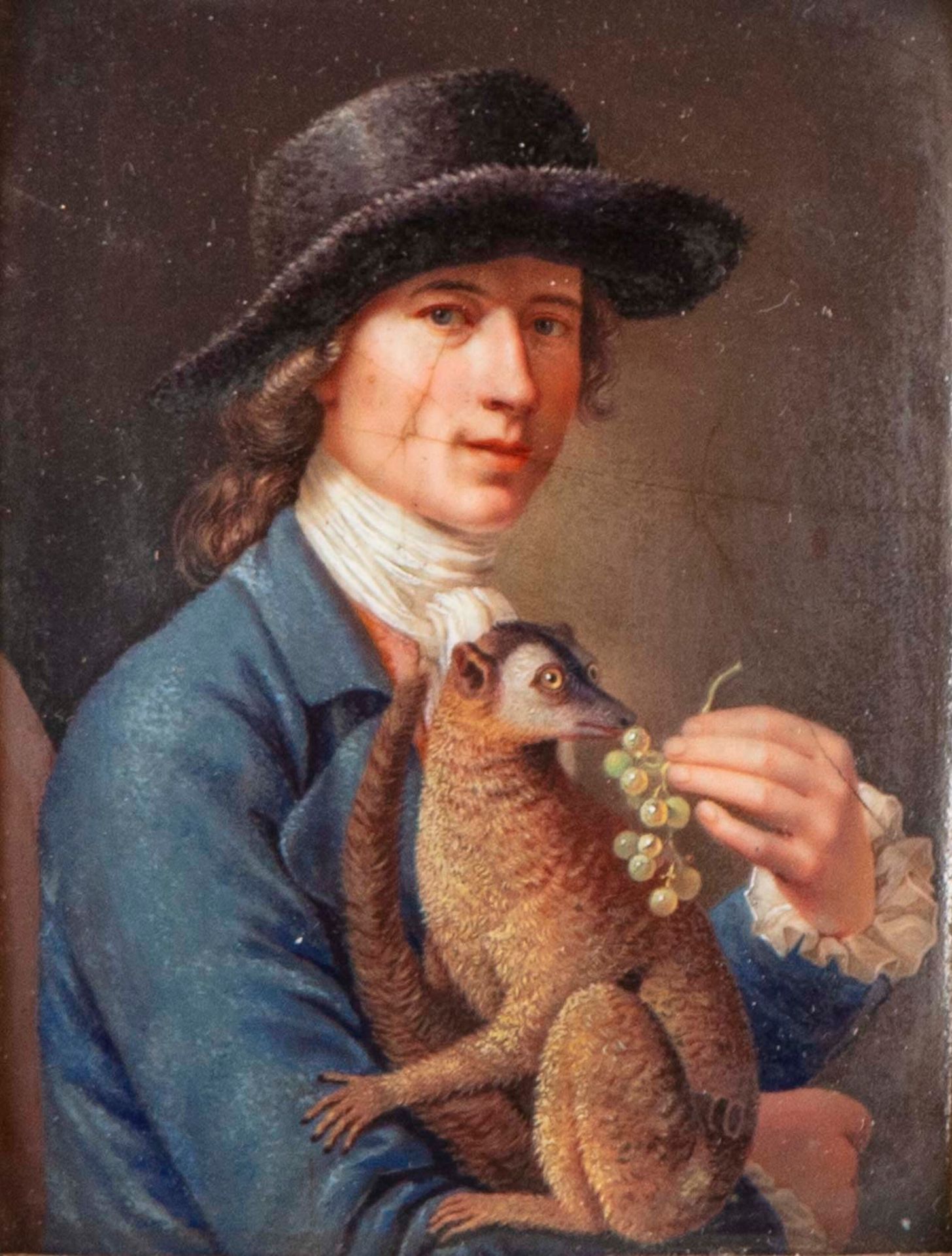 Ecole allemande XVIIIe 18世纪德国学校

年轻人给小猴子送葡萄

铜上油彩

8 x 6,5 cm