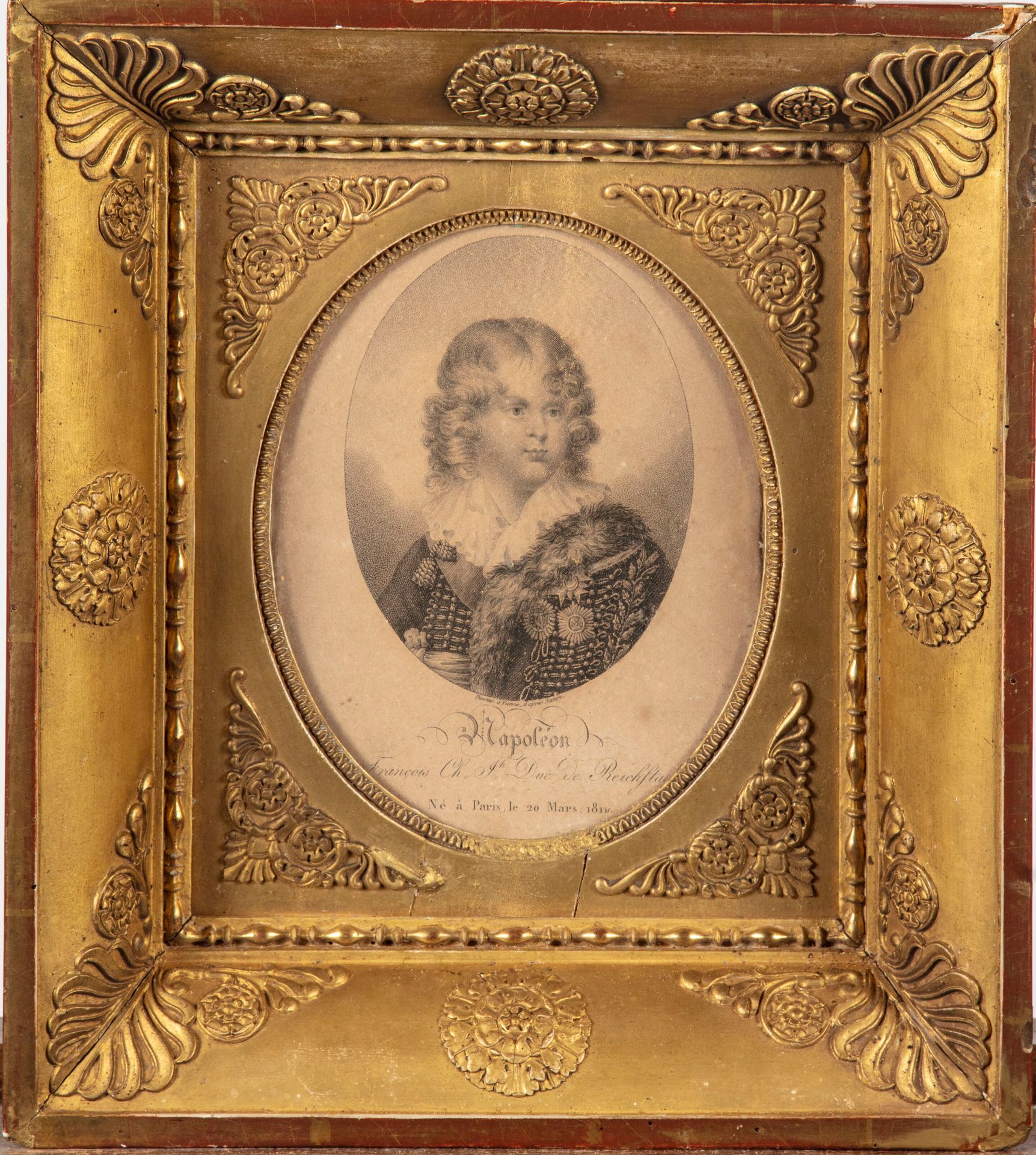 Null 拿破仑二世，Reichftat公爵的画像。

椭圆形视图雕刻

H.18厘米，宽14.5厘米

木质框架和镀金灰泥。(事故)