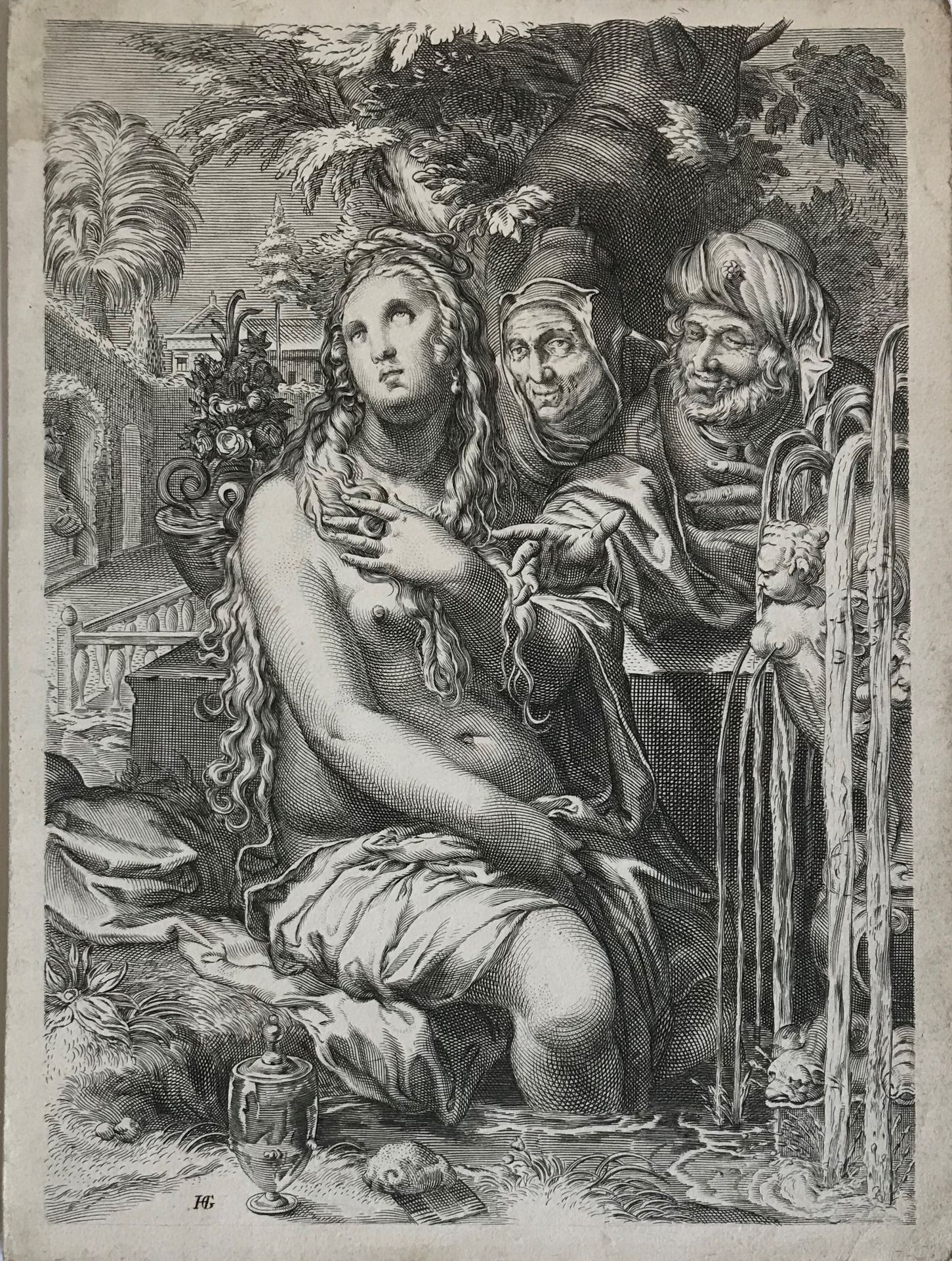 Goltzius 在亨德里克-戈尔茨尤斯（1558-1617）之后

苏珊娜和老男人

黑色雕刻(单张-无边框)

后来的印刷品

24 x 18