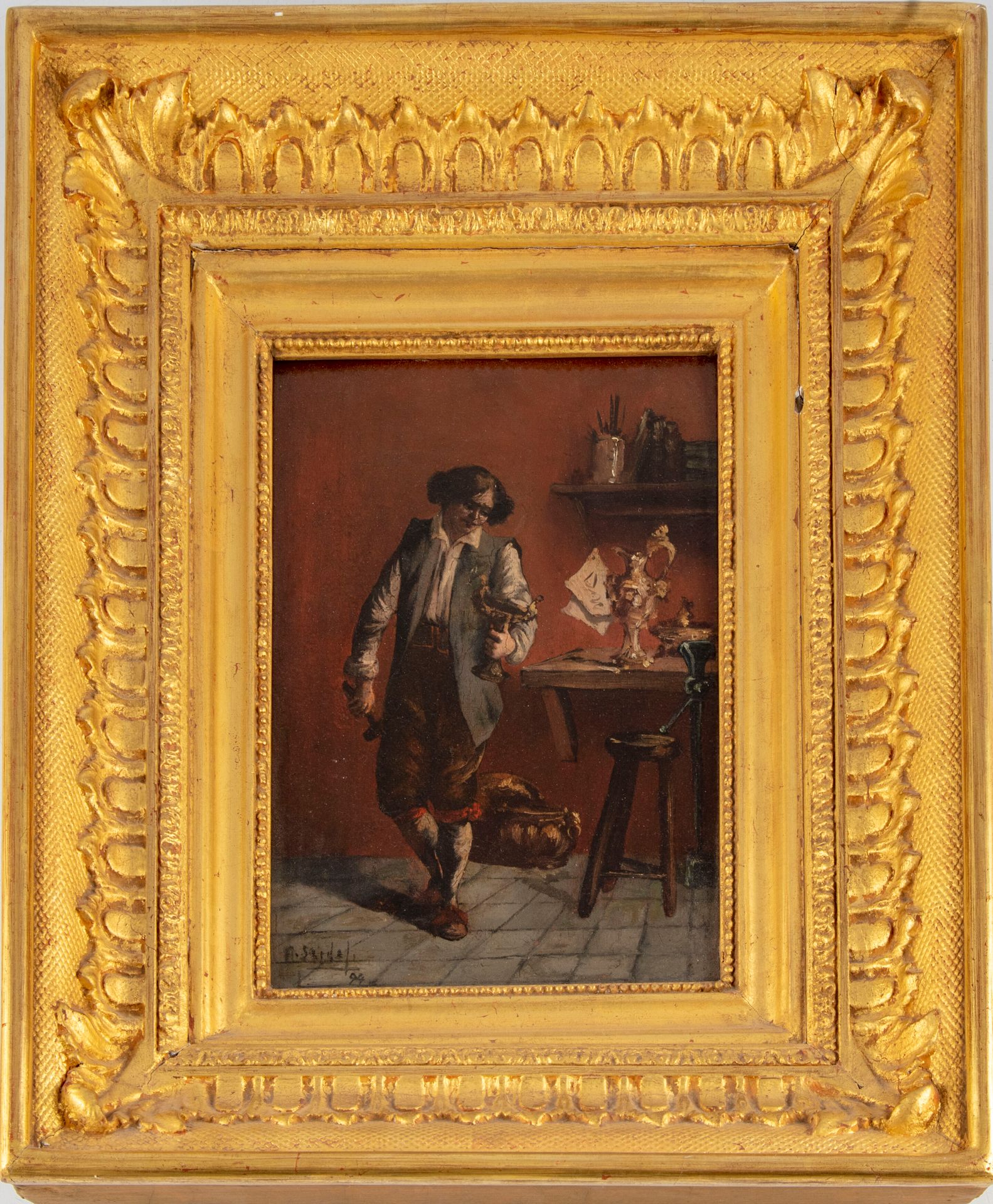 Null 19世纪法国学校

金匠大师在他的工作室里

板面油画，左下方有签名（未读）和日期 "94

21厘米 x 15厘米