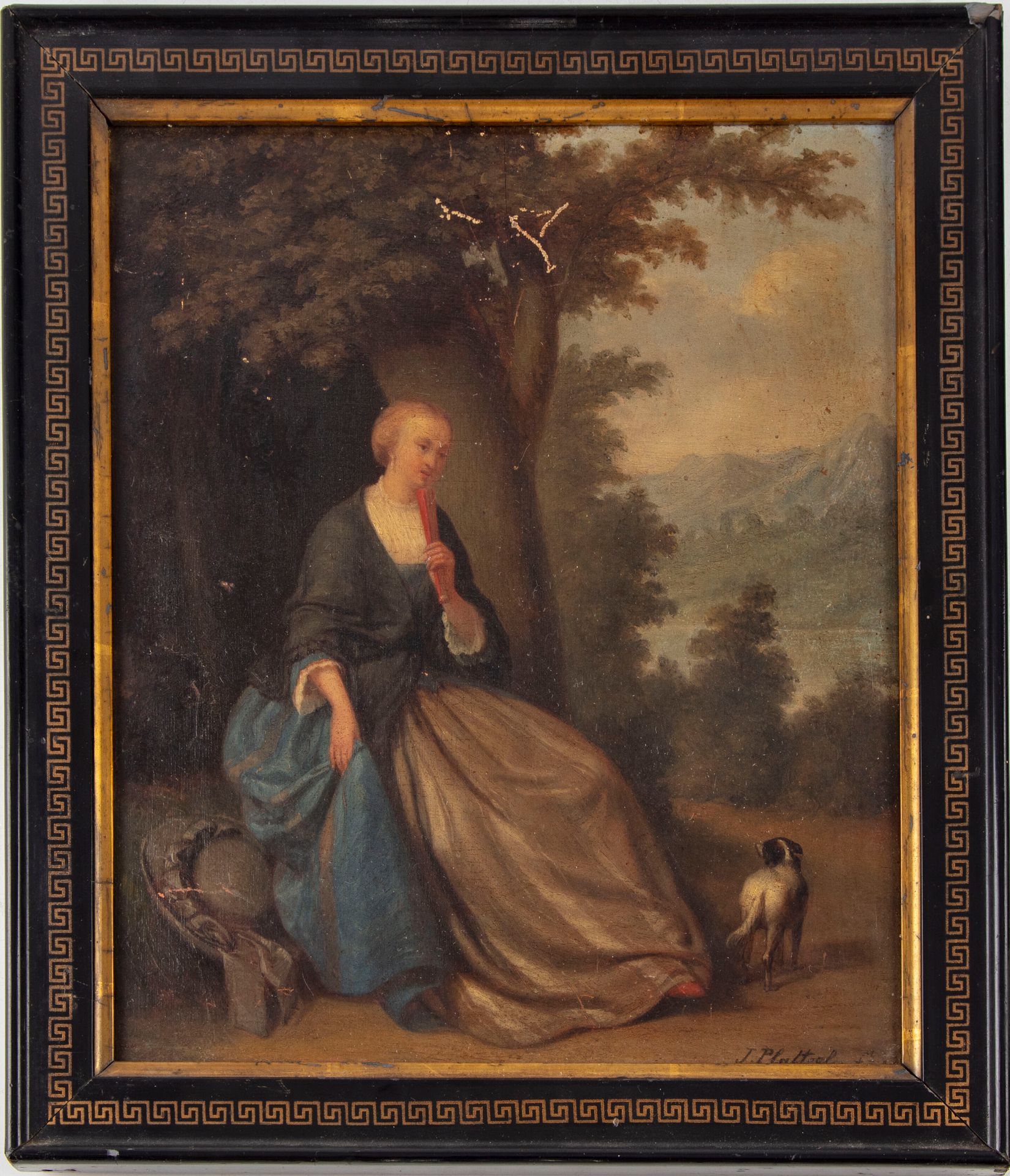PLATTEEL J.PLATTEEL - 19世纪

带狗的优质女士

板面油画，右下角署名 "J.Platteel"。

27厘米 x 23厘米

小划痕
