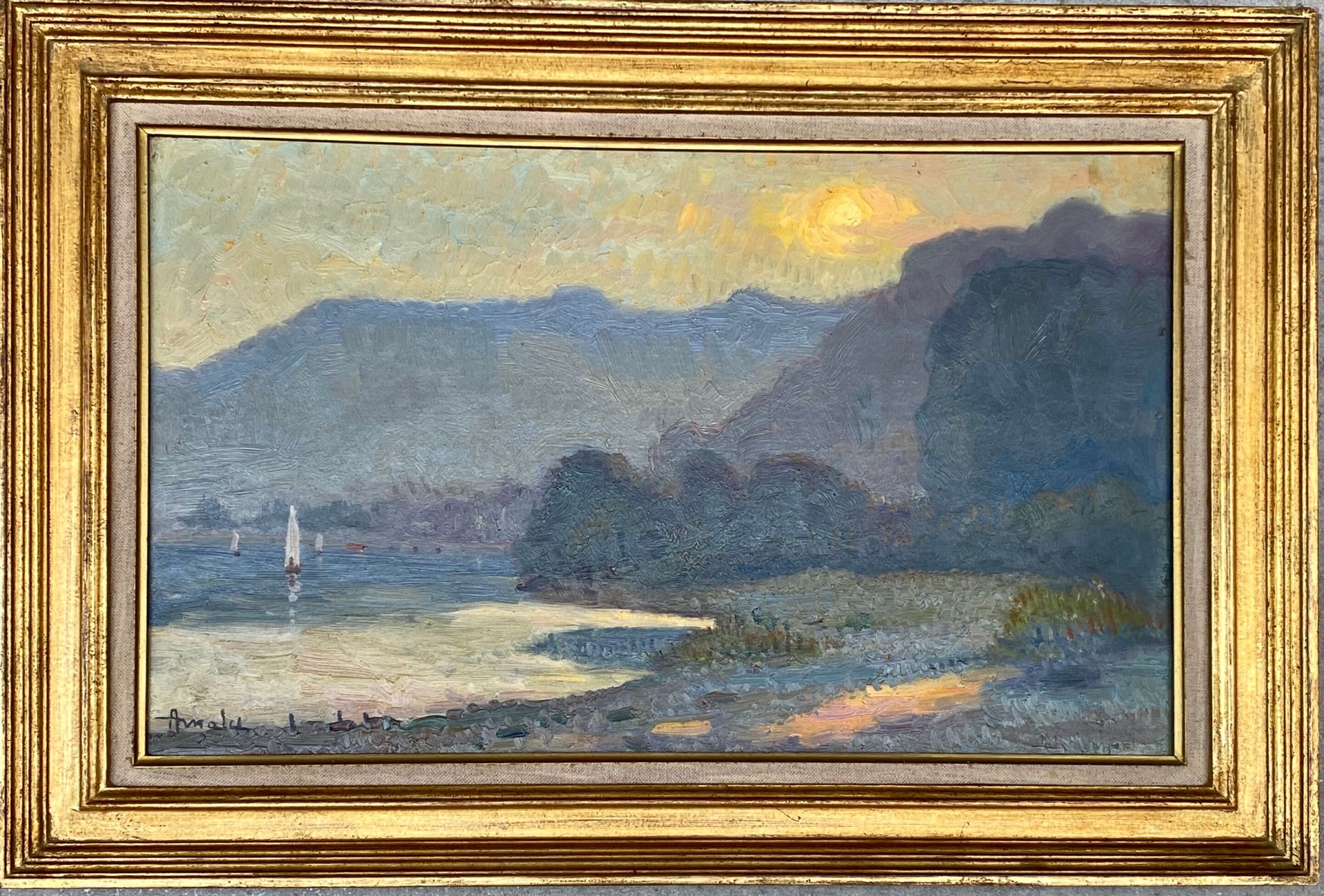 MALET Albert MALET

夕阳下的塞纳河边缘，维勒基耶的塞纳河

布面油画

左下方有签名

31 x 55 cm