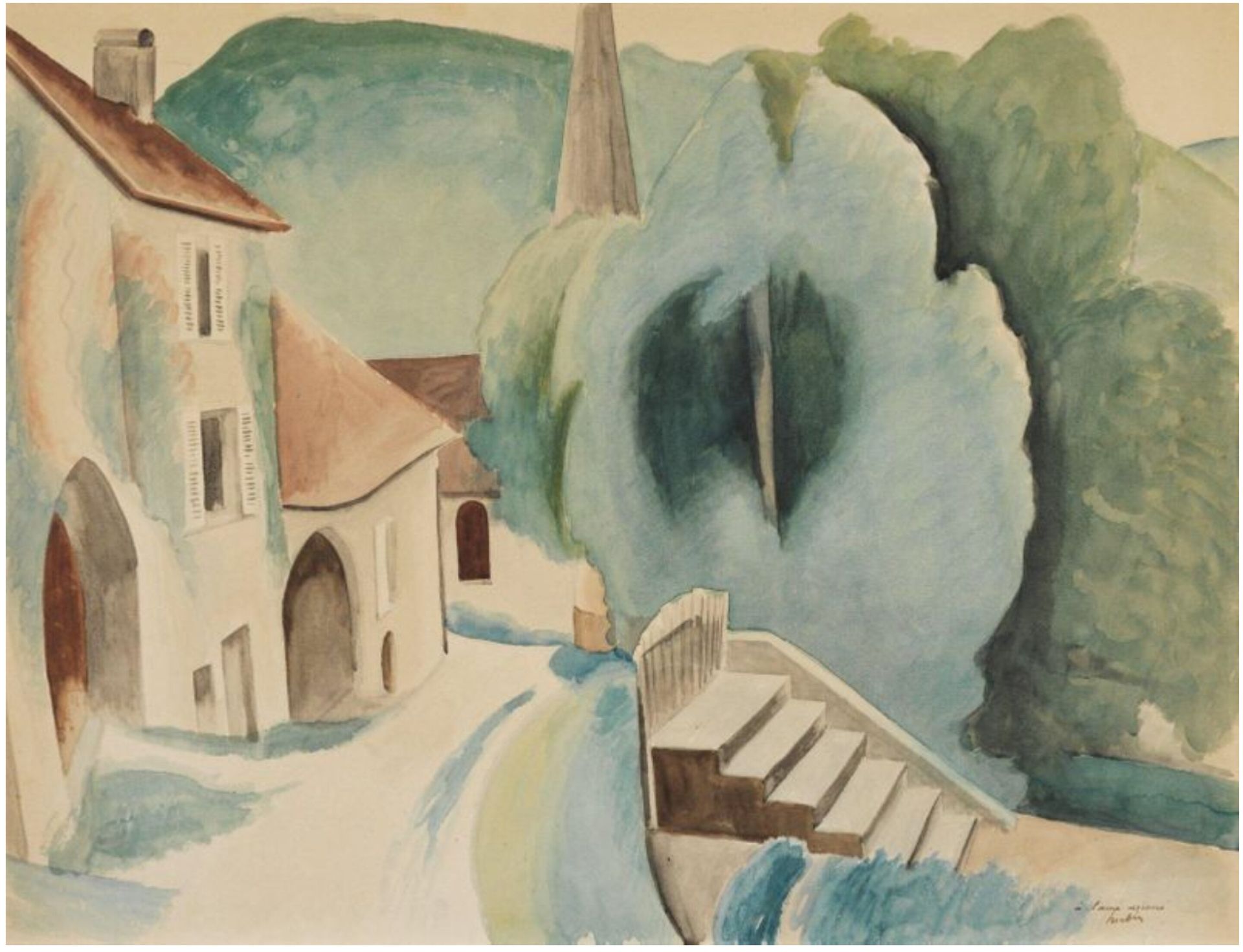 HERBIN 奥古斯特-赫宾(1882-1960)

一个村庄的街道，约1922年

纸上水彩和石墨，右下角有签名并注明 "a l'ami devoue"。

&hellip;