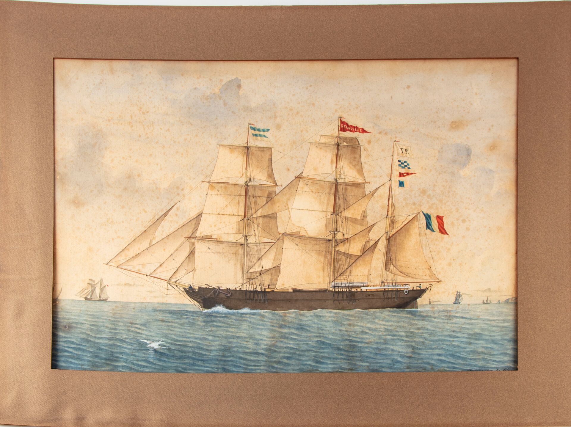ECOLE FRANCAISE XIXè 19世纪法国学校

帆船，格兰维尔号

纸上水彩画贴在纸板上，右下角有签名和日期

42 x 60厘米