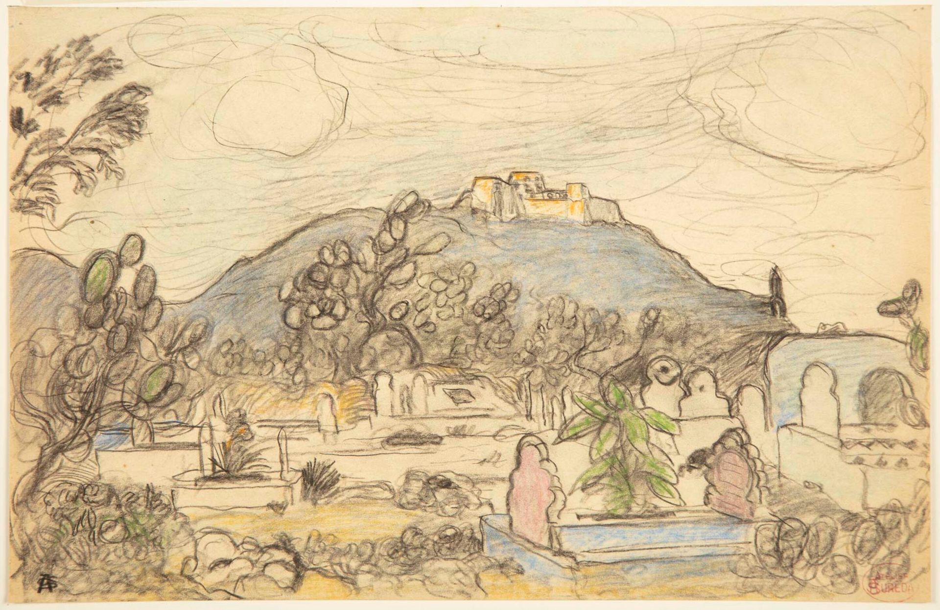 SUREDA 
安德烈-苏雷达(1872-1930)




有墓地的地中海景观




炭笔画和水彩画，左下方有图案，右下方有工作室印章




20 x 3&hellip;