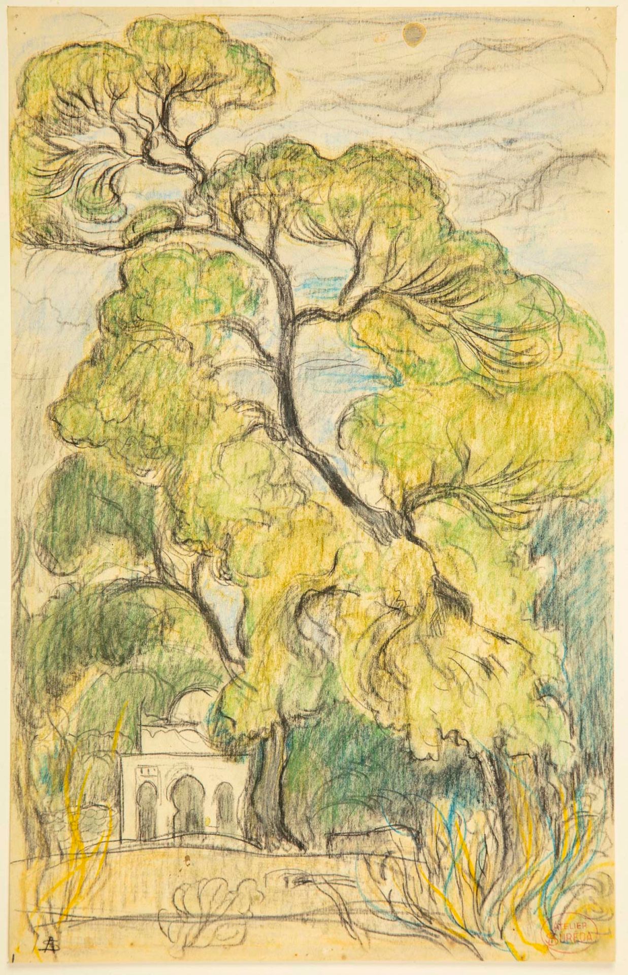 SUREDA 
安德烈-苏雷达(1872-1930)




地中海景观与东方建筑




炭笔画和水彩画，左下方有图案，右下方有工作室印章




31 x &hellip;