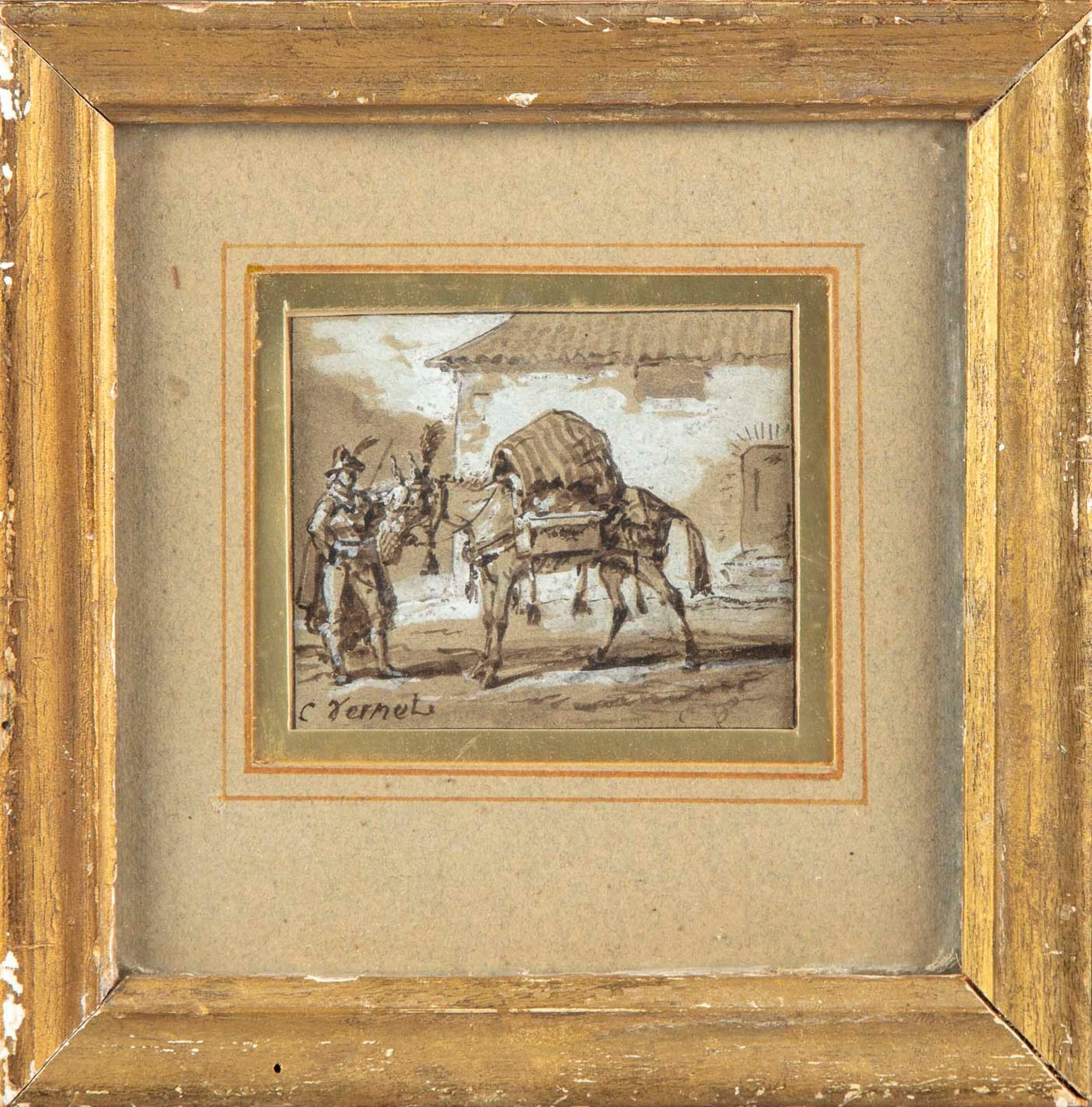 VERNET Carle VERNET (1758 - 1836 )

意大利人与他的骡子在休息，意大利人推着他的骡子

墨水和水粉画一对，其中一幅左下方有签名&hellip;