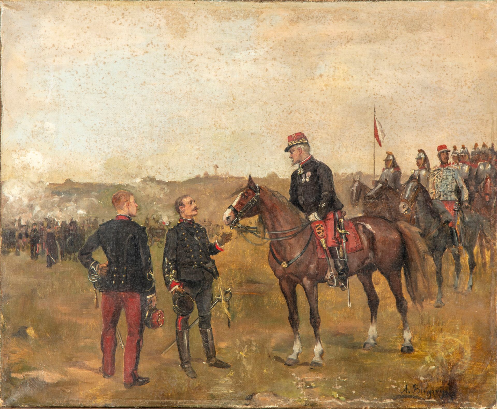 BLIGNY 阿尔贝-布利尼 (1849-1908)

1870年战争期间的军事场景

布面油画，右下角有签名

38 x 46 厘米

缺少材料、修复