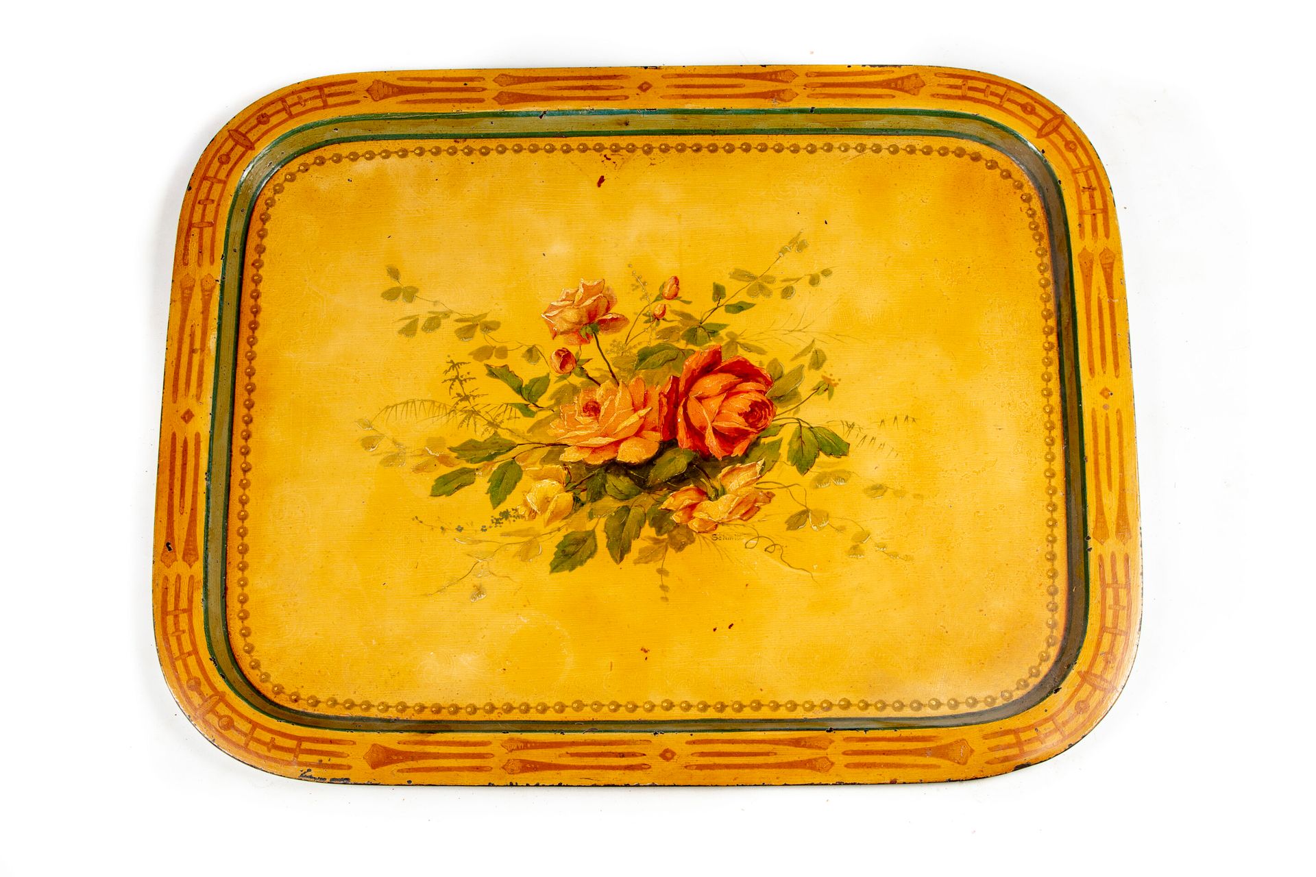 Null Large sheet metal tray with polychrome decoration of flowers on a yellow ba&hellip;