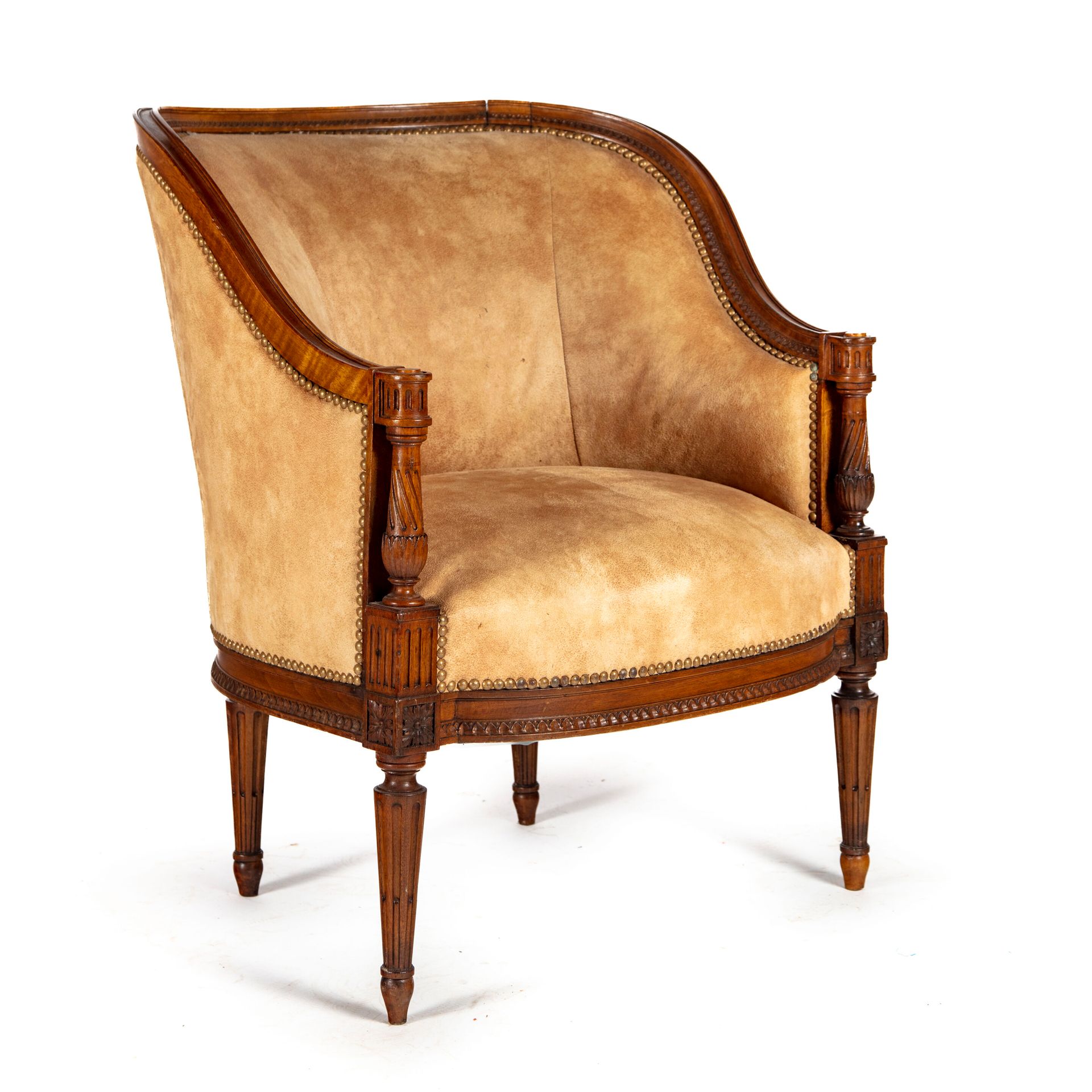 Null 贡多拉扶手椅，天然木质，带独立凹槽的柱子，靠在四个凹槽的锥形腿上。

路易十六风格

H.83 cm; W. 65 cm; D. 65 cm