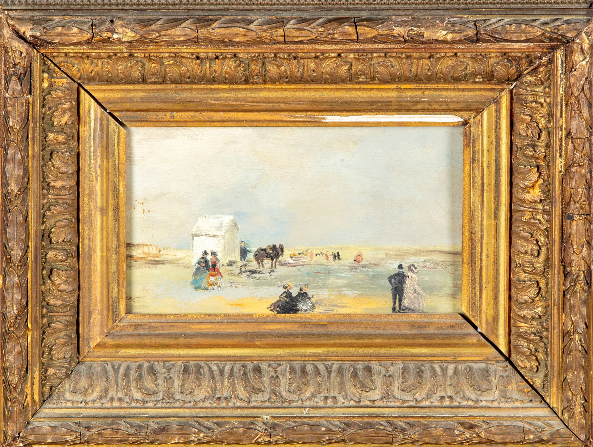 ECOLE FRANCAISE XIXè 19世纪法国学校--欧仁-布丹的周围环境

海边有优雅的人，有活力的人

板上油彩

11,5 x 19 cm