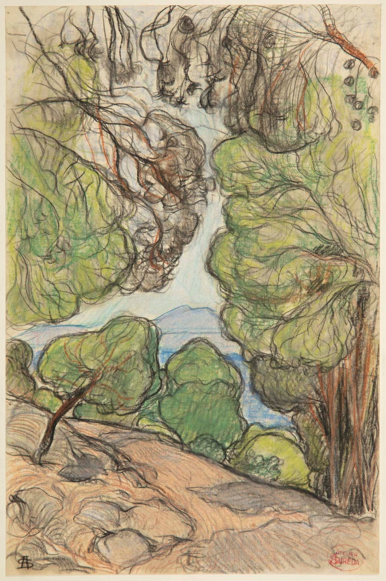 SUREDA 
安德烈-苏雷达(1872-1930)




地中海景观




两幅炭笔和彩色水墨画，可以组成一对，左下角有图案，右下角有工作室印章




&hellip;