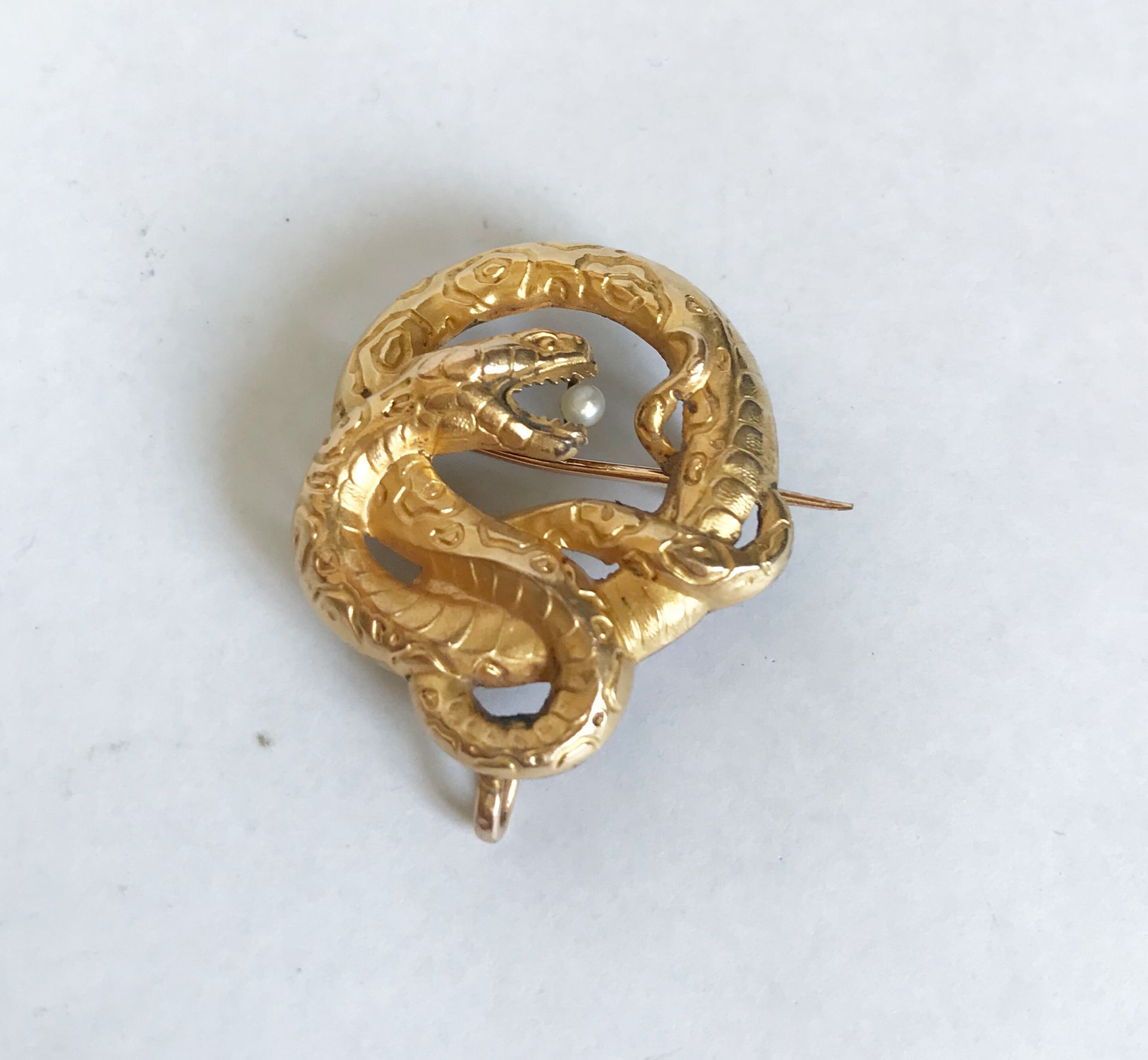 Null 鎏金金属胸针，形状是一条盘绕的蛇，嘴里叼着一颗珍珠。20世纪初