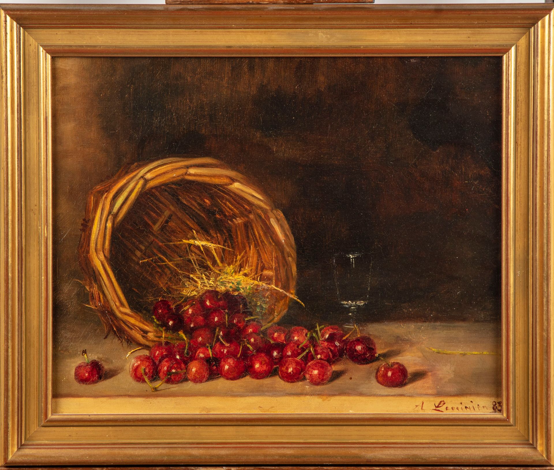 Null 阿尔贝-莱克里尼耶（19-20岁）。

樱桃的静物

布面油画，左下角有签名

32,5 x 40,5 cm
