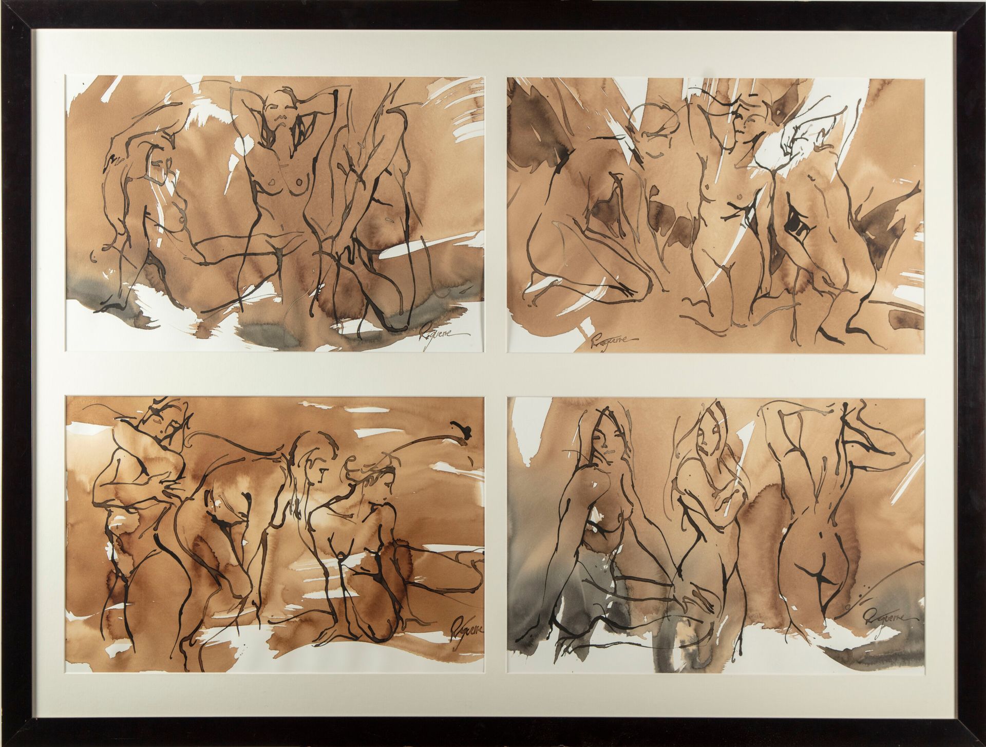 Null Cyril REGUERRE (生于1970年)

一套四幅女性裸体研究

水墨画，右下角有签名

玻璃下的框架
