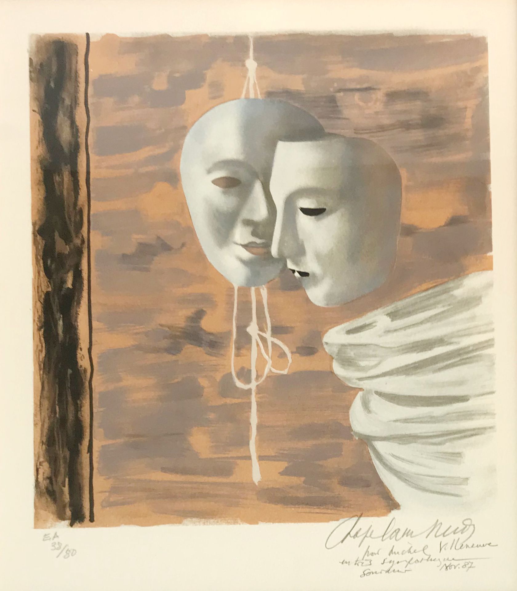 Null 罗杰-卡佩兰-迪 (1904-1992)

面具

彩色石版画

有签名，编号为38/80，献上日期为87年11月

32,5 x 28 cm 正在观&hellip;