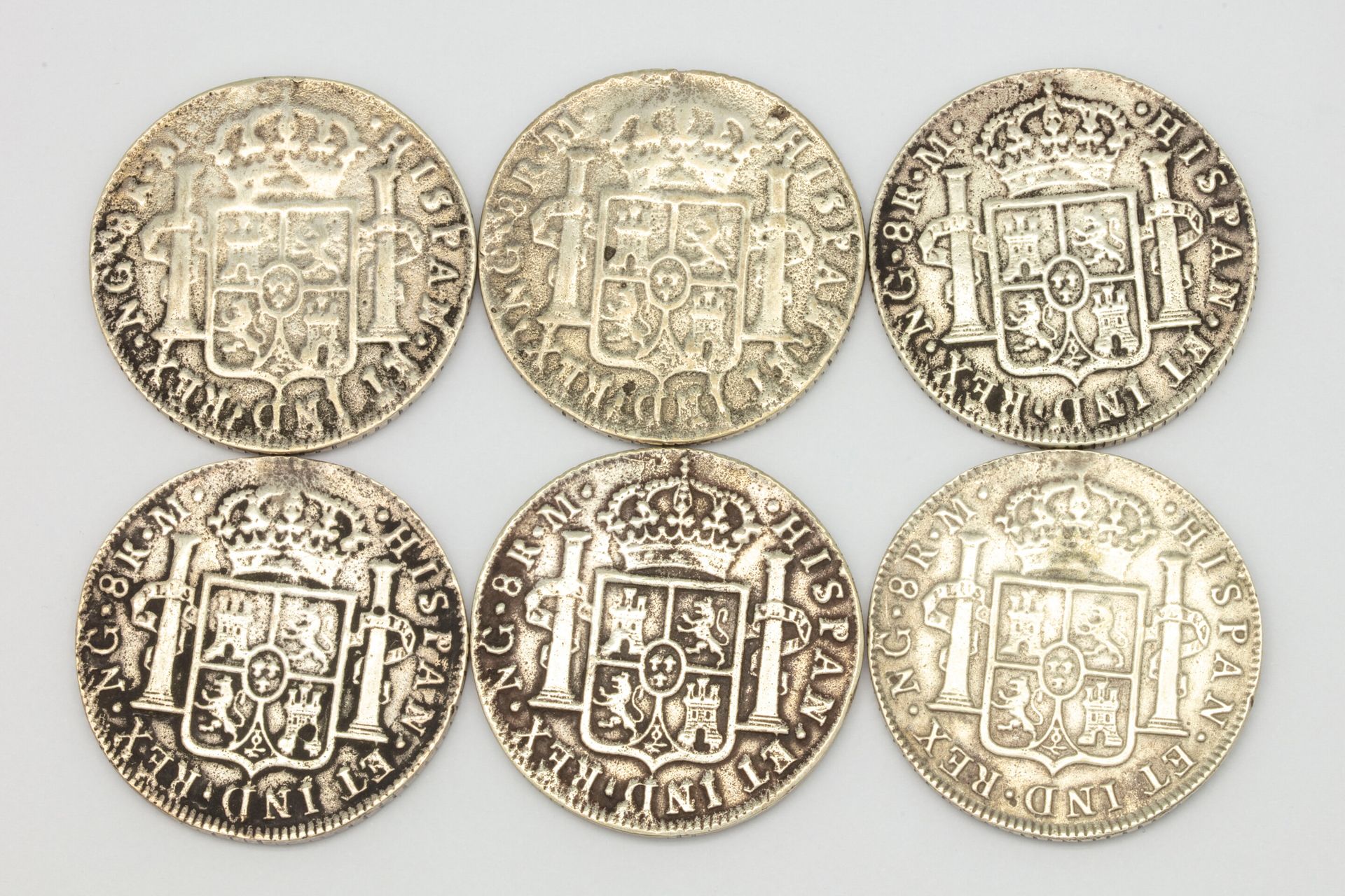 Null 一套6枚8雷亚尔费迪南七世1821年（第二类）危地马拉银币，上面刻有 "费迪南。VII .Dei .Gratia. 1821 "和 "Hispan.E&hellip;