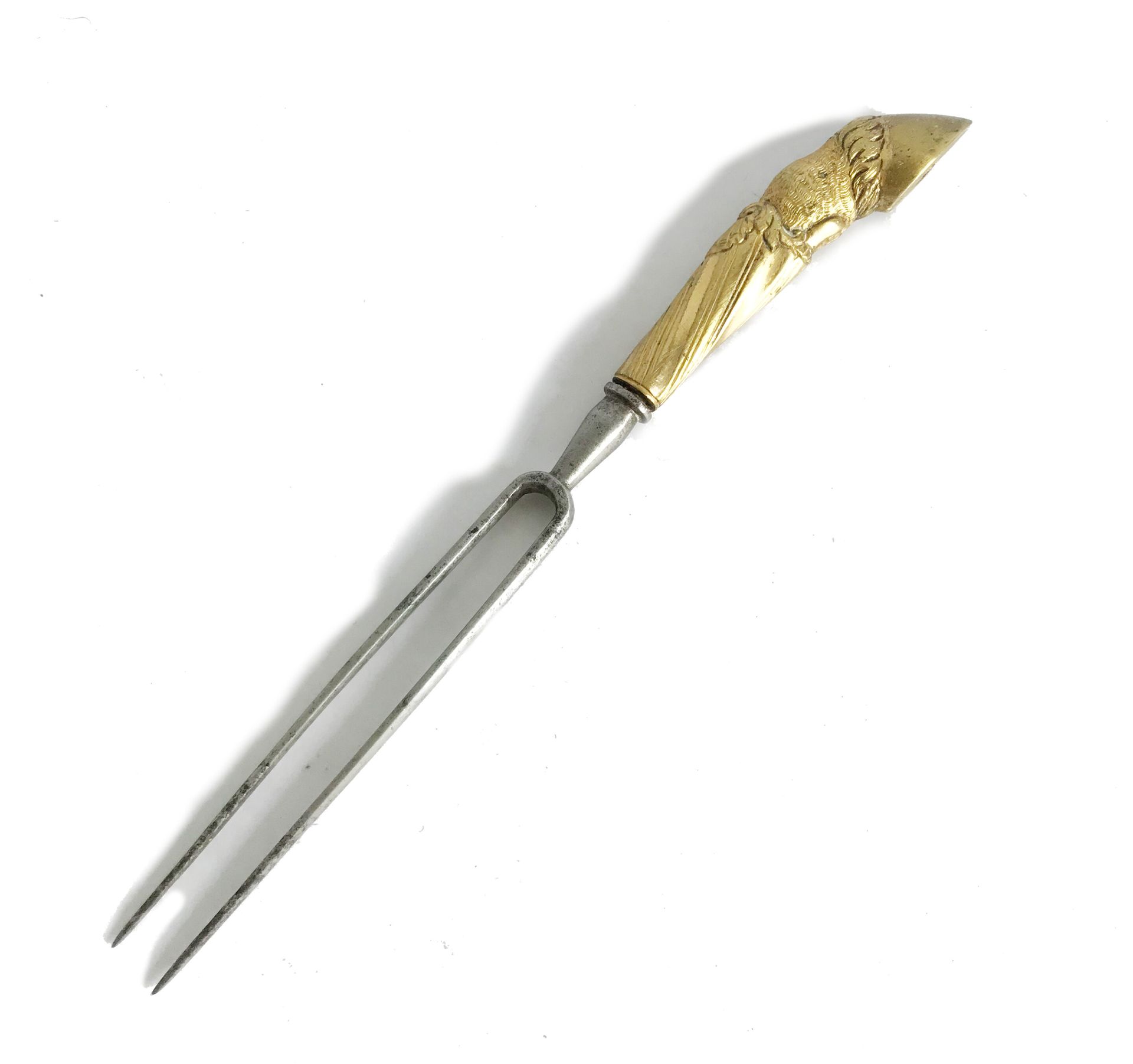 Null 双叉钢叉，镀金铜柄，形状为马。

长：16厘米