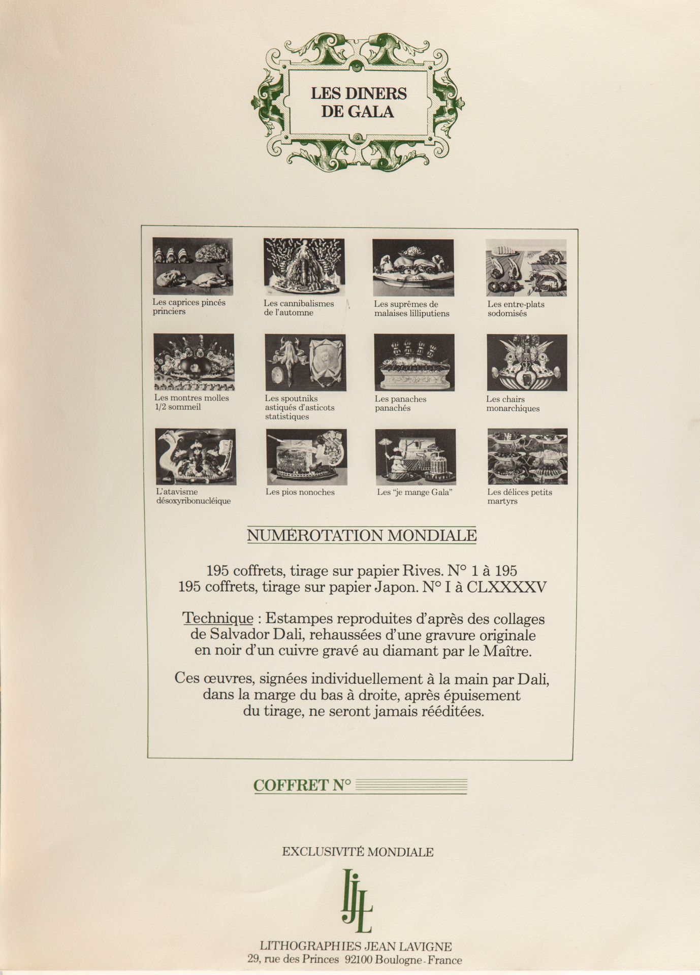 Null 萨尔瓦多-达利(1904-1989)

盛大的晚宴。1971.在艺术家的拼贴画后的石版画。每张55.5 x 75.5厘米（片）。彩色印刷。5个盘子的重&hellip;