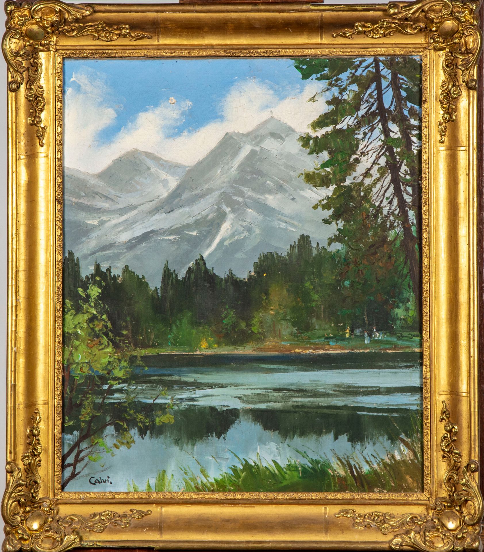 Null CALVI (1938)

山地湖泊

布面油画，左下角有签名

54 x 45 厘米

有框

画布损坏和缺乏材料，框架损坏