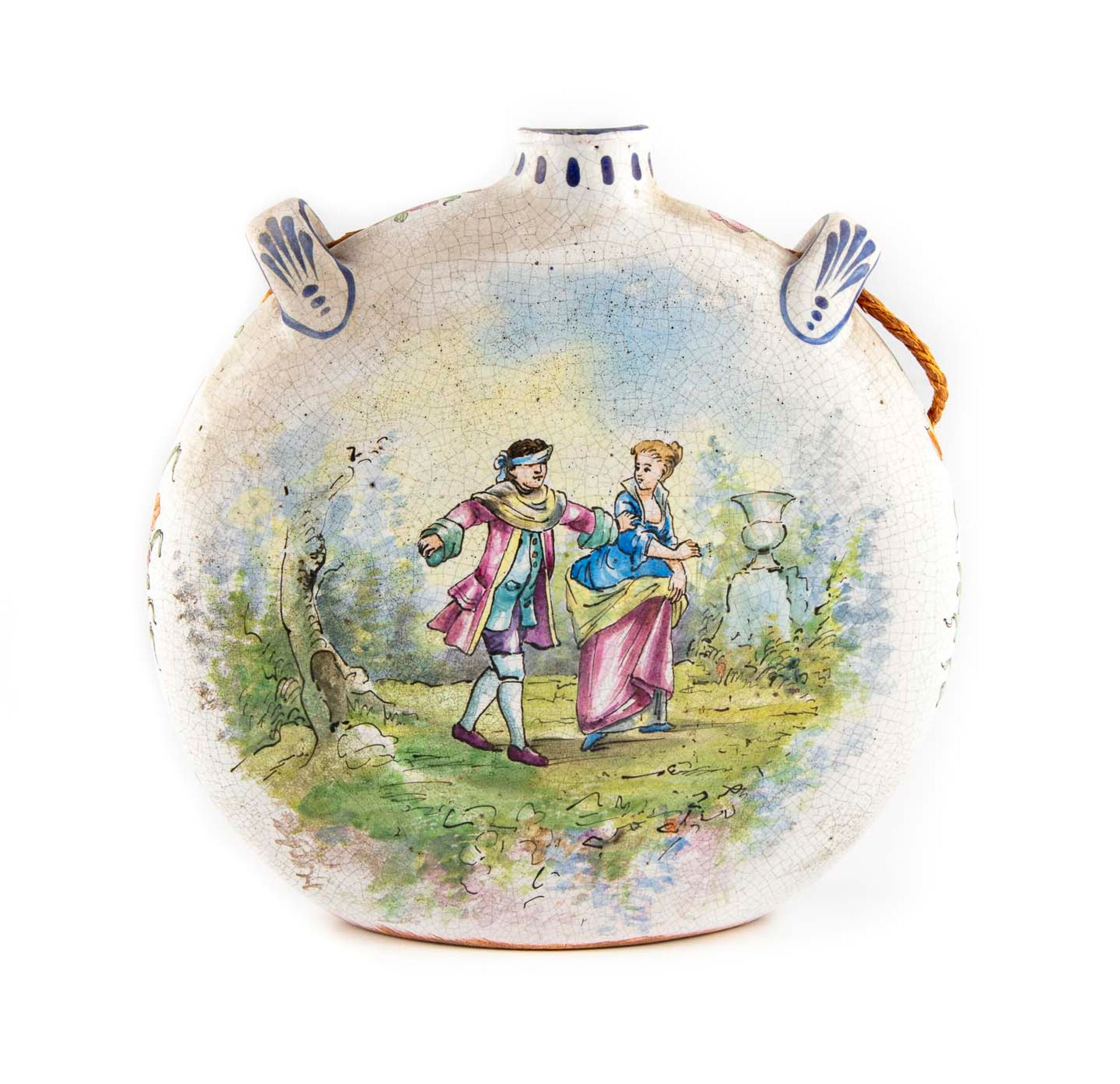 Null 陶罐上有多色装饰的一对夫妇在玩科林-马亚尔和花束的图案

20世纪上半叶

H.19厘米