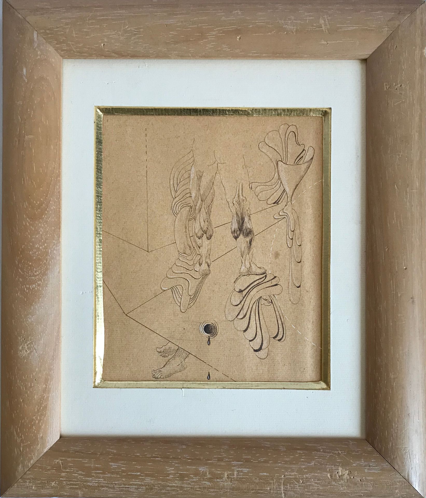 Null 阿维莱斯--20世纪

有腿、脚和窗帘的超现实主义构图

棕色纸上的水墨画和白色高光

画中有签名，日期为70

17,5 x 14,5 cm

框架