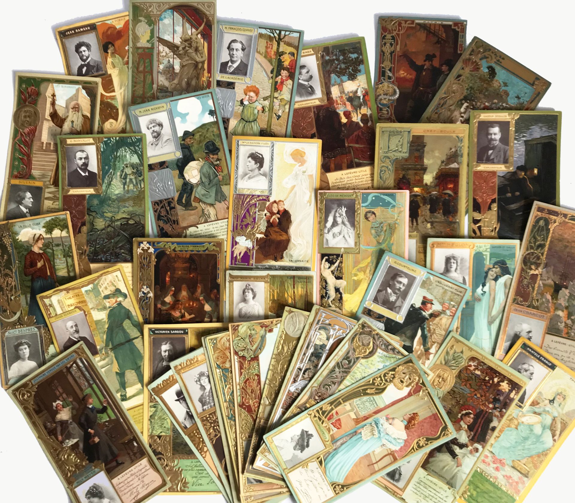 Null LEFEVRE-UTILE

纸板上的37张彩色石版画卡片，带有浮雕框架和照片，代表了十九世纪末至二十世纪初的艺术界和城市的各种人物，并附有关于LU &hellip;