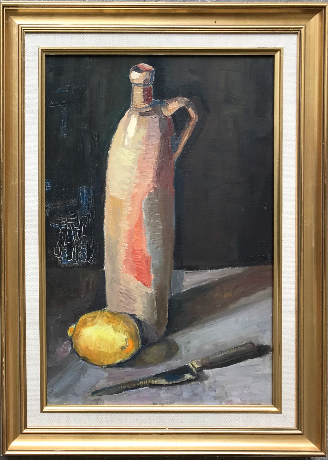 MODERN SCHOOL 
Still life with pitcher, lemon and knife 
Oil on canvas 
40 x 26 &hellip;