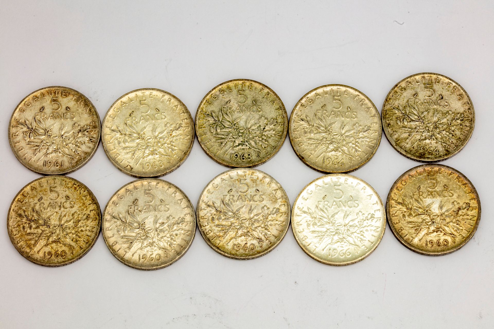 Null Ensemble de 10 pièces de 5 francs Semeuse entre 1963,1960,1966,1968,1961,19&hellip;