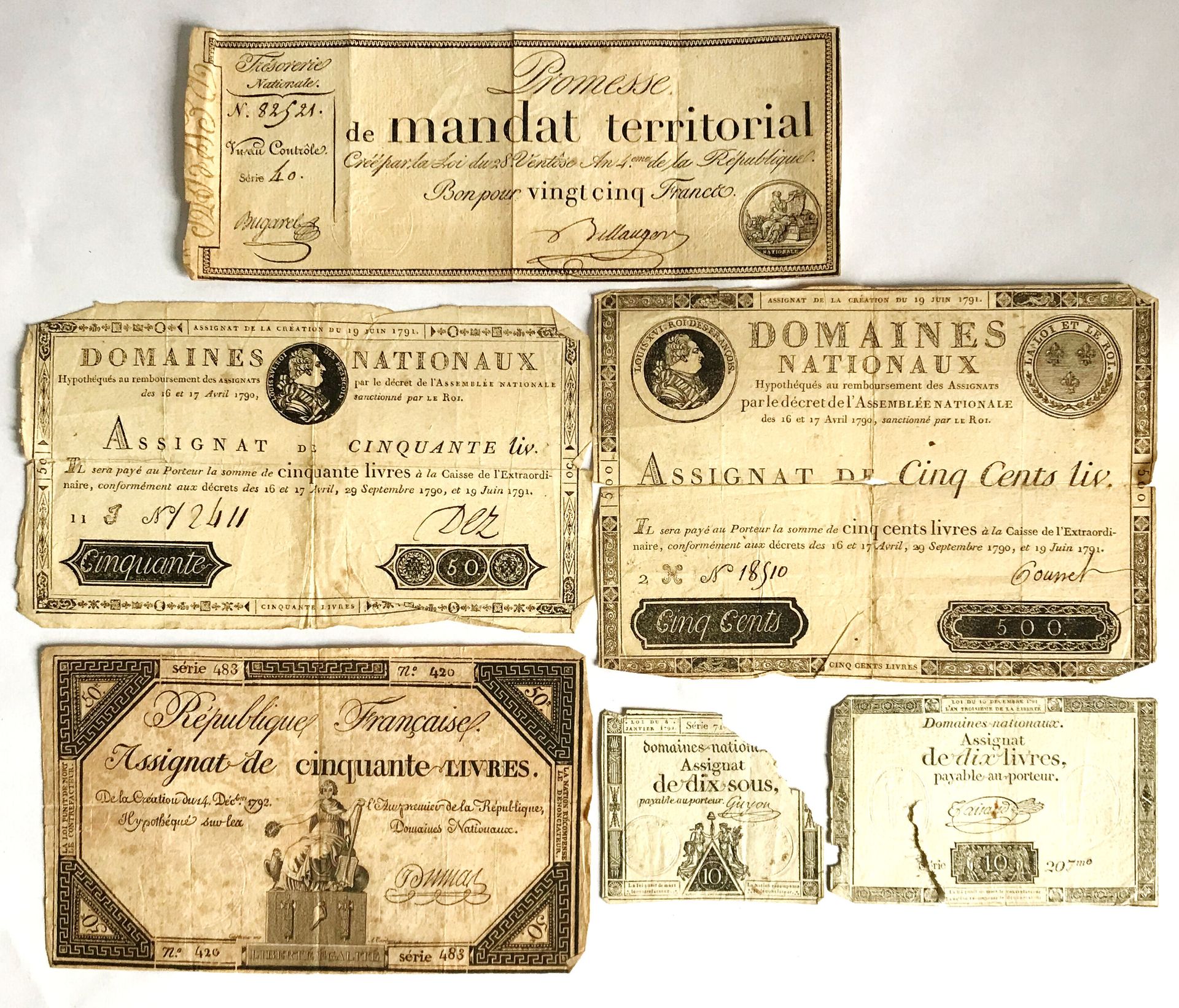 Null Set of French assignats from the Revolutionary period
