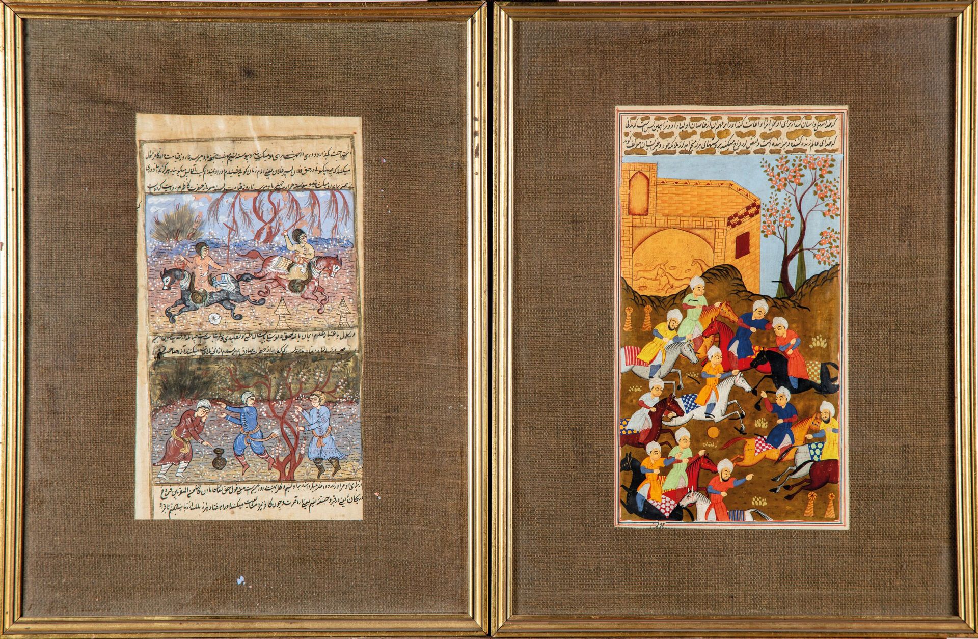 Null Set of two Persian miniatures depicting scenes of hunting and work in the f&hellip;