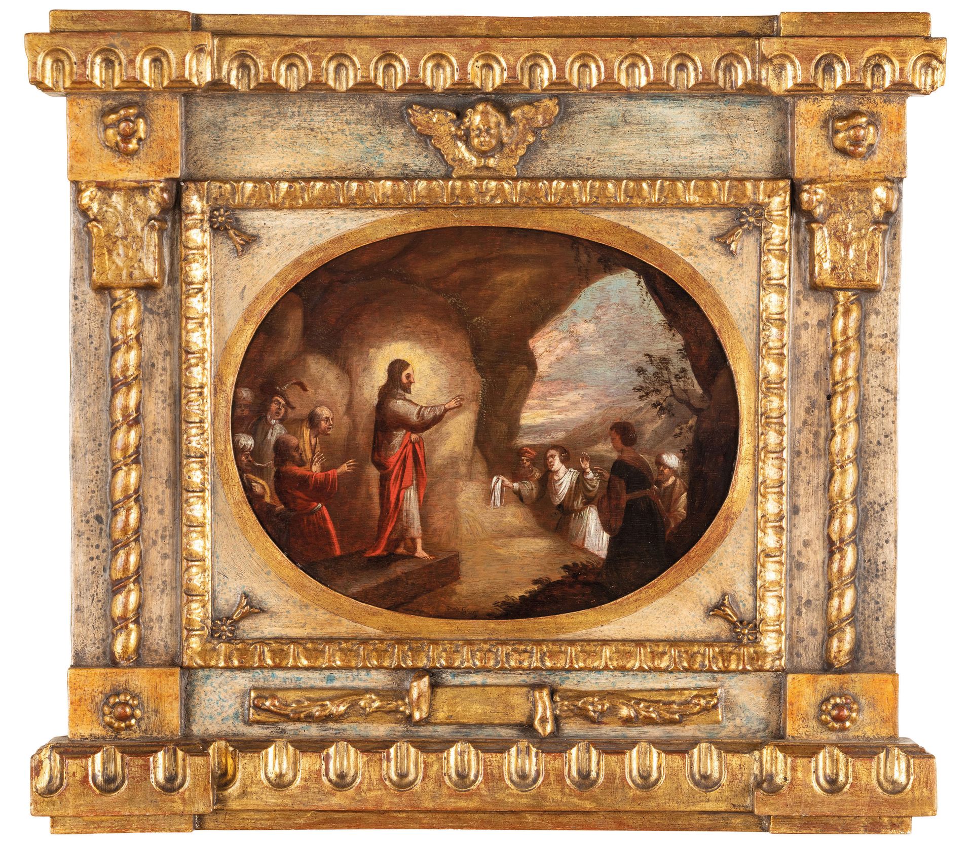 Pittore fiammingo del XVII secolo Evangeliumsszene
Öl auf Platte, 29X38 cm