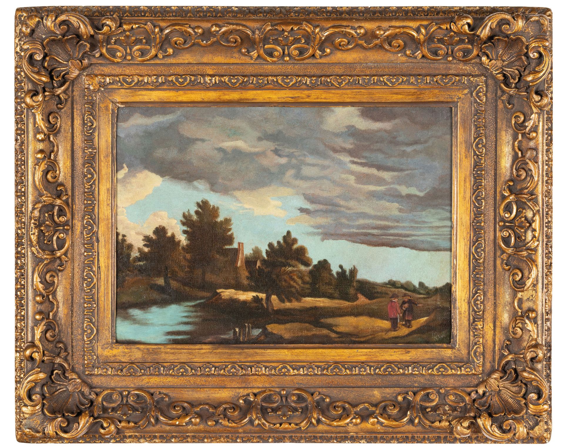 PITTORE DEL XVIII SECOLO Paesaggio lacustre con figure
Olio su tela, cm 26X37