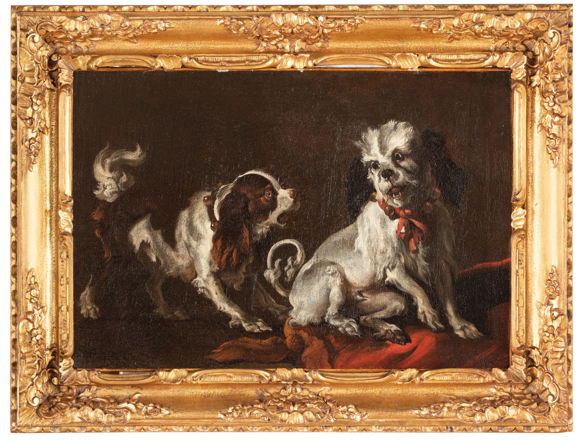 PITTORE DEL XVII-XVIII SECOLO 两只狗的肖像
布面油画，36X53.5厘米

这种奇特的肖像画类型是在16世纪由Jacopo Bas&hellip;