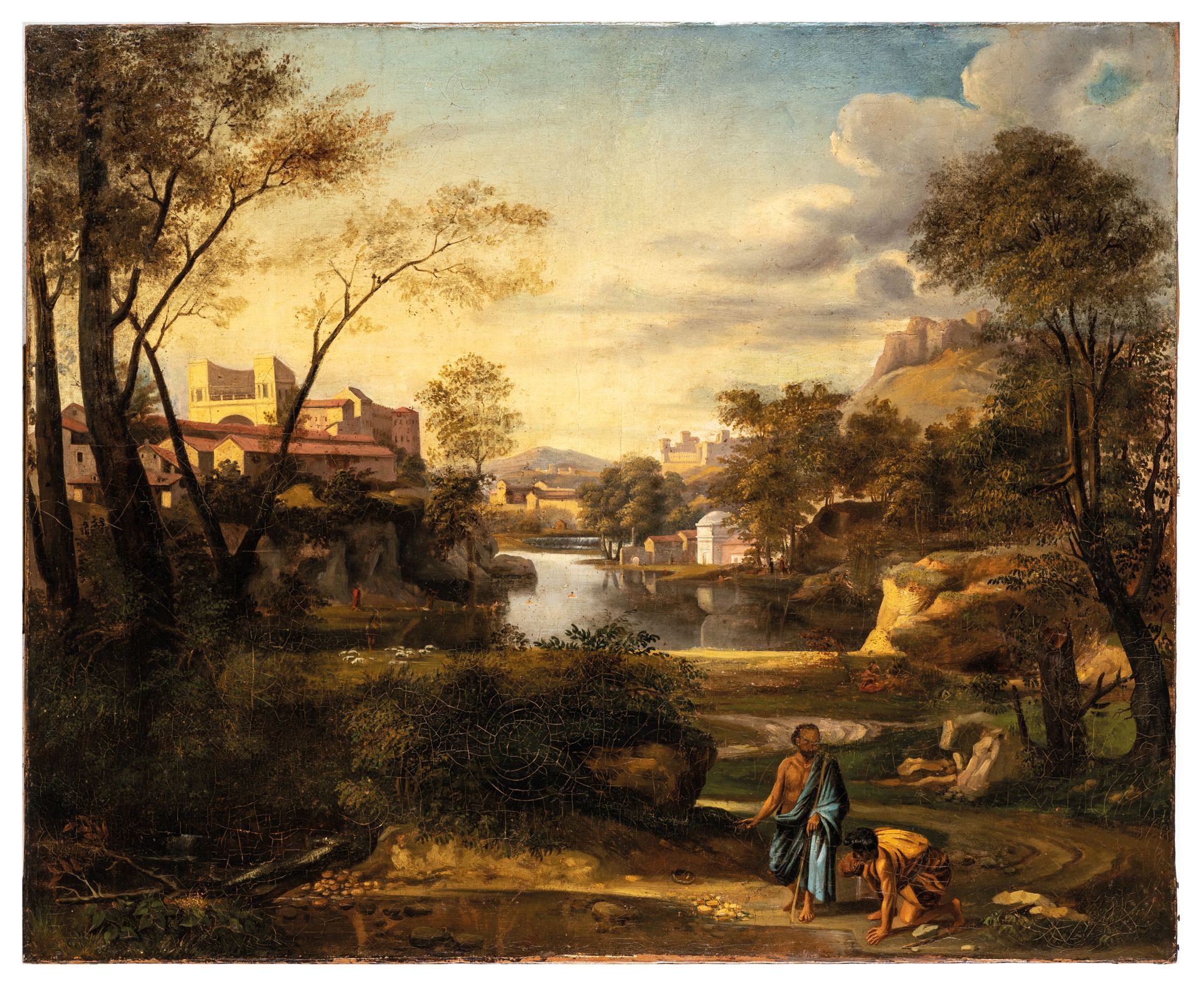 PITTORE DEL XVIII-XIX SECOLO Diogenes扔掉碗的风景
布面油画，81X99厘米

这幅画是根据Nicolas Poussin（&hellip;