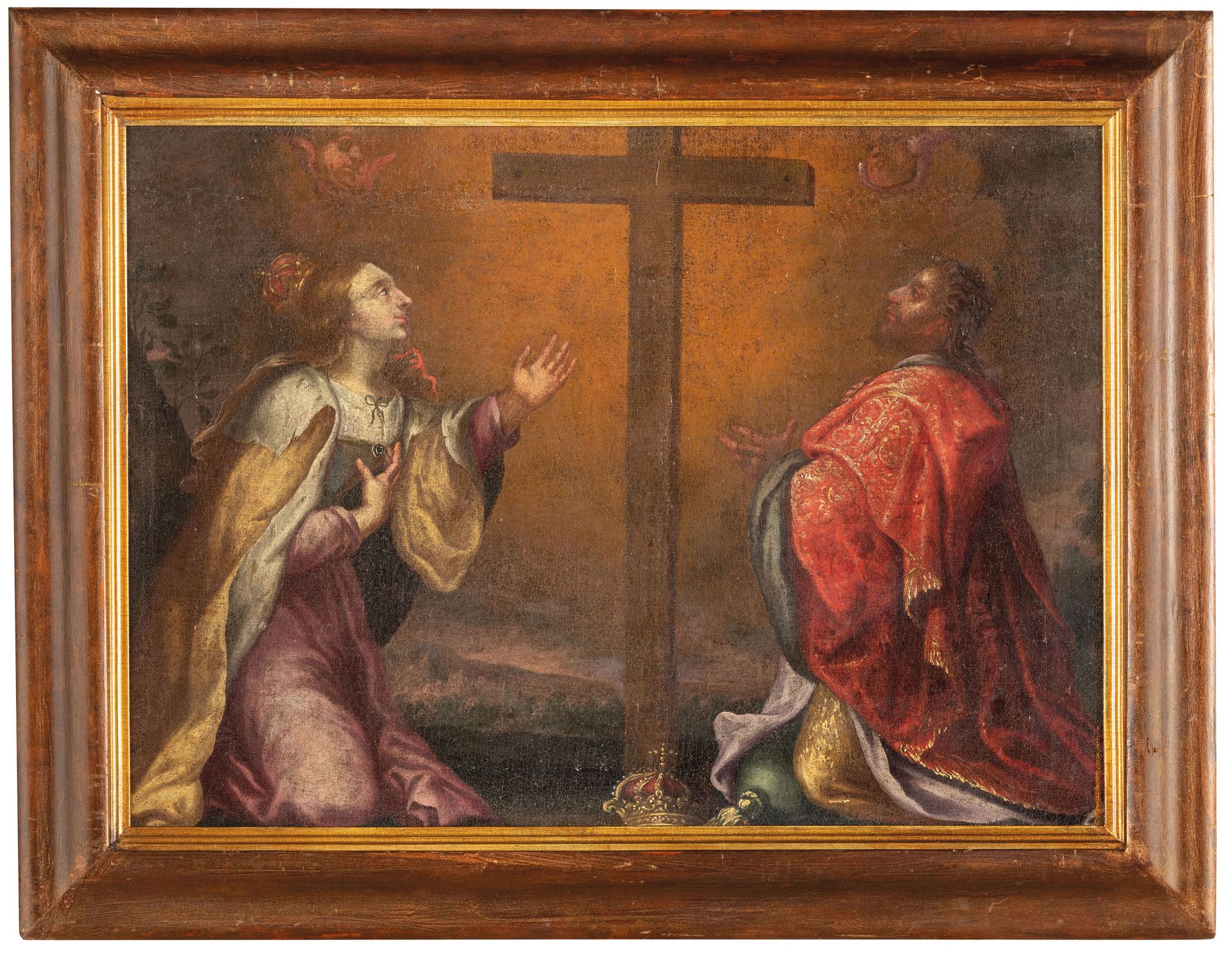 PITTORE DEL XVIII SECOLO 圣海伦娜和君士坦丁在真十字架前
布面油画，48X66厘米

这幅画描绘了十字架在中央，左边是穿着皇室长袍的圣海&hellip;