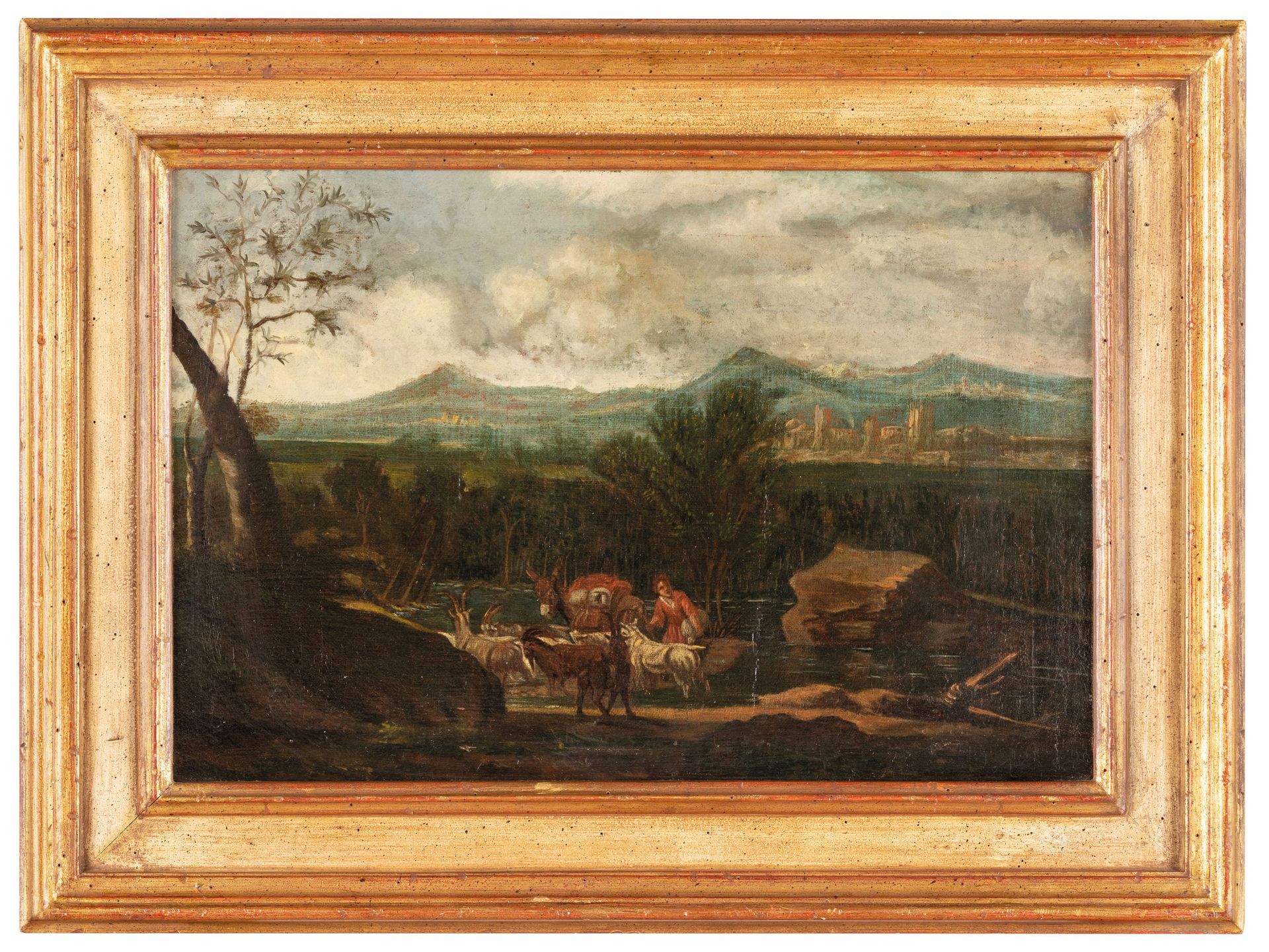 PITTORE VENETO DEL XVII-XVIII SECOLO Landschaft mit Hirten 
Öl auf Leinwand, 31X&hellip;