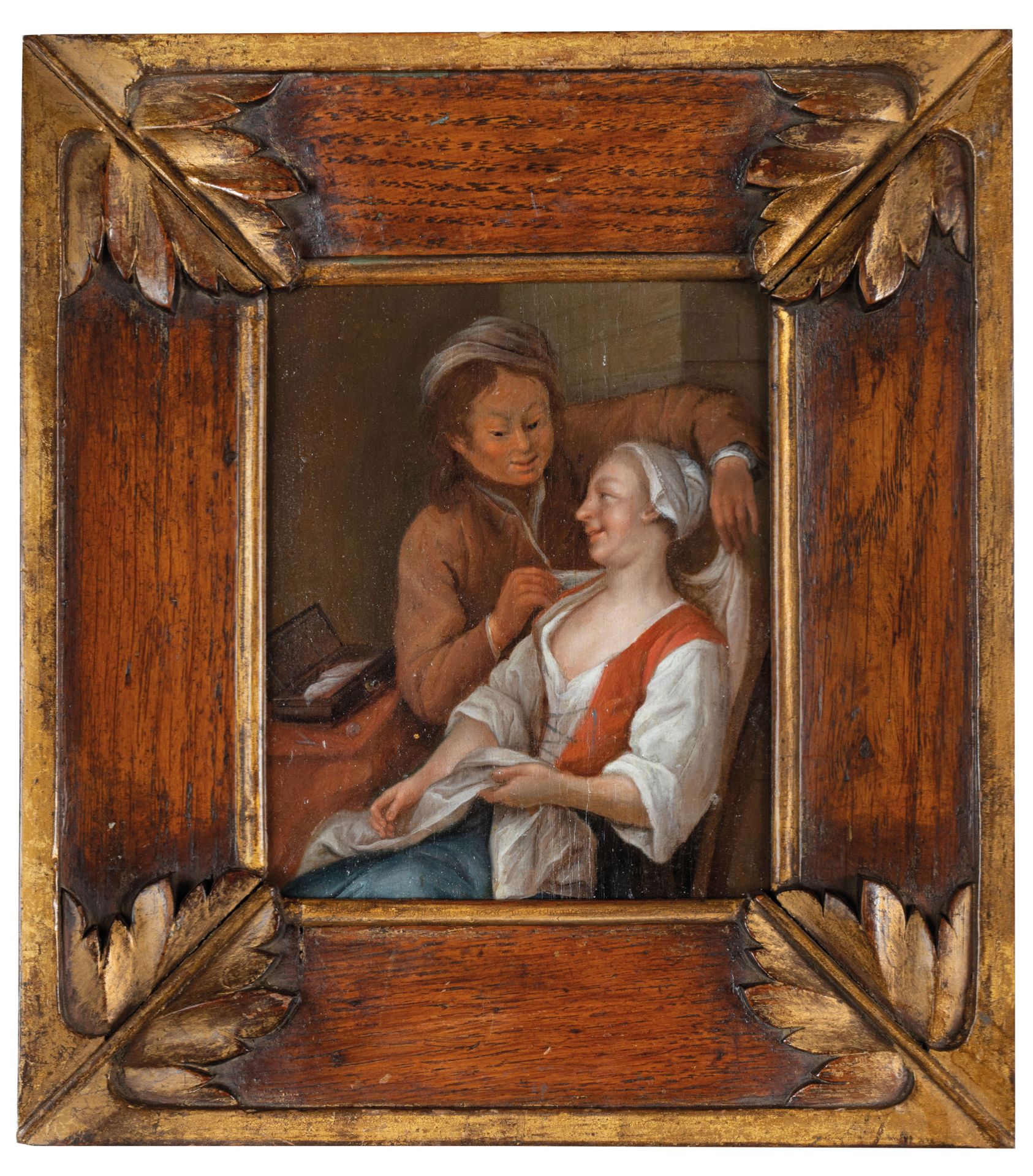 PITTORE OLANDESE DEL XVII-XVIII SECOLO 诱惑场景
面板上的油画，14.5X11.5厘米
