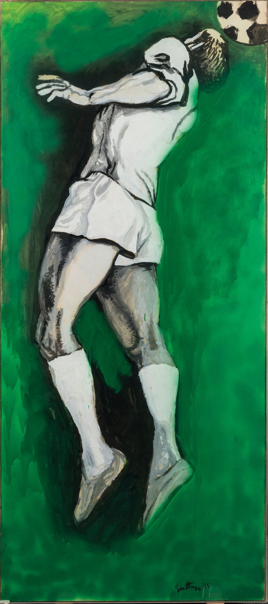 RENATO GUTTUSO Bagheria 1911年；罗马1987年
足球运动员，1965年
油彩，气刷硝基和拼贴在画布上的纸张，195 x 86.5厘米&hellip;