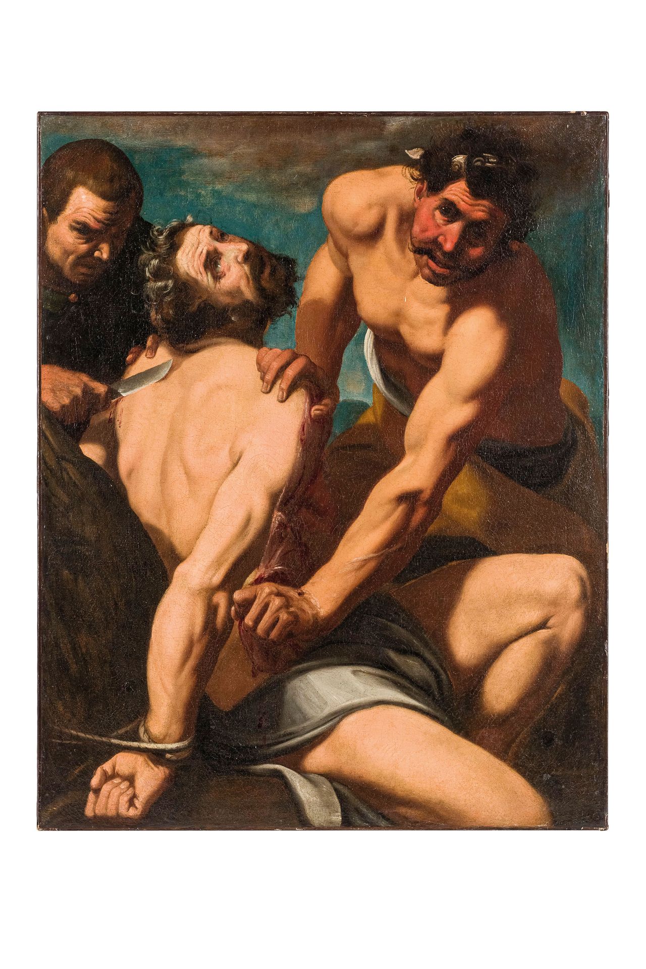 PITTORE DEL XVII SECOLO Martyre de Saint Barthélémy
Huile sur toile, 99X79 cm
