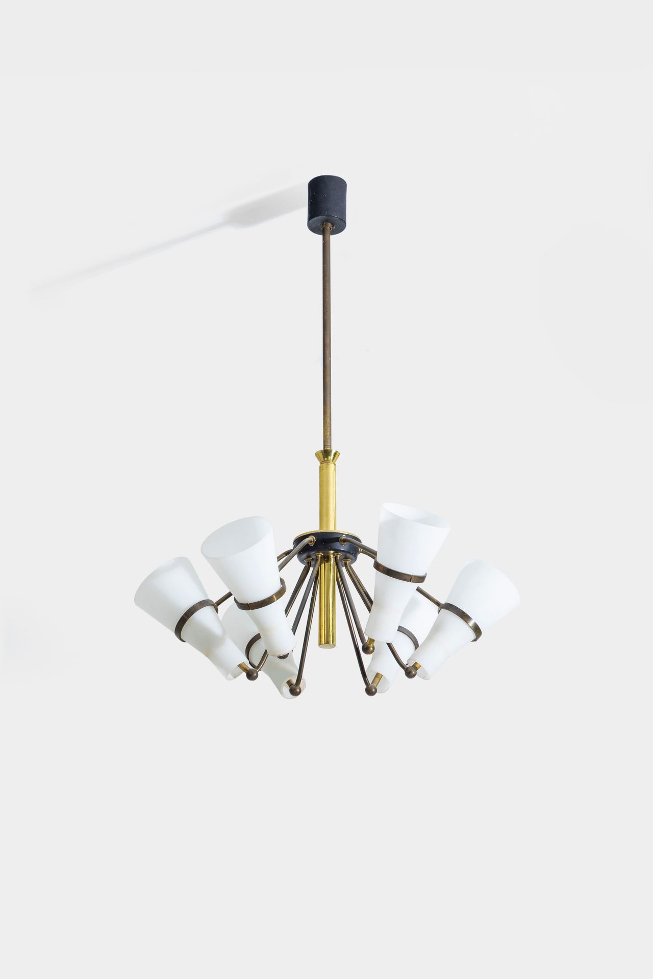 MANIFATTURA ITALIANA Chandelier. Brass, opaline glass, painted metal. 1960s. 
10&hellip;