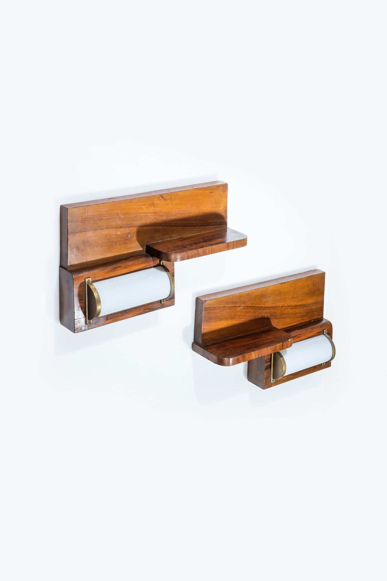 GUSTAVO PULITZER Two hanging nightstands. Walnut wood opaline glass, brass. Prov&hellip;